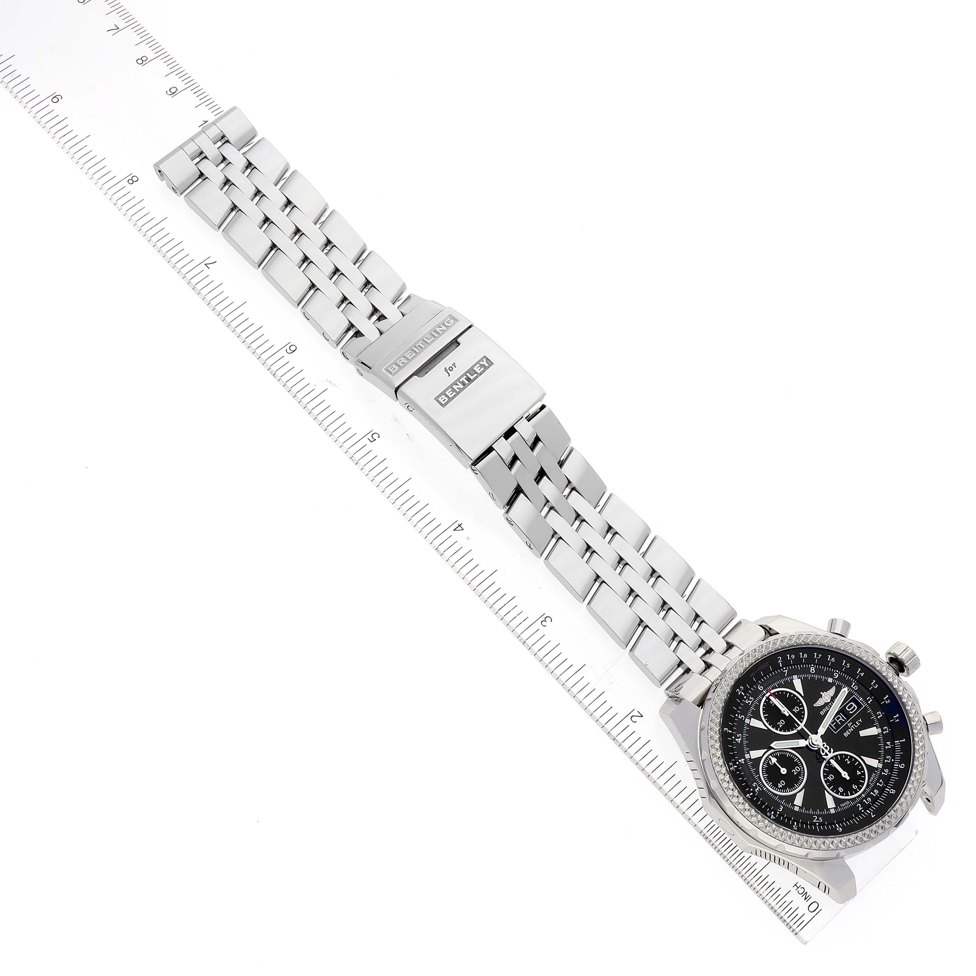 The image shows a top-down view of a Breitling Bentley A13362 Men's Stainless Steel Black Dial A13362 Men's Stainless Steel Black Dial watch, including the face, band, and clasp measured against a ruler.