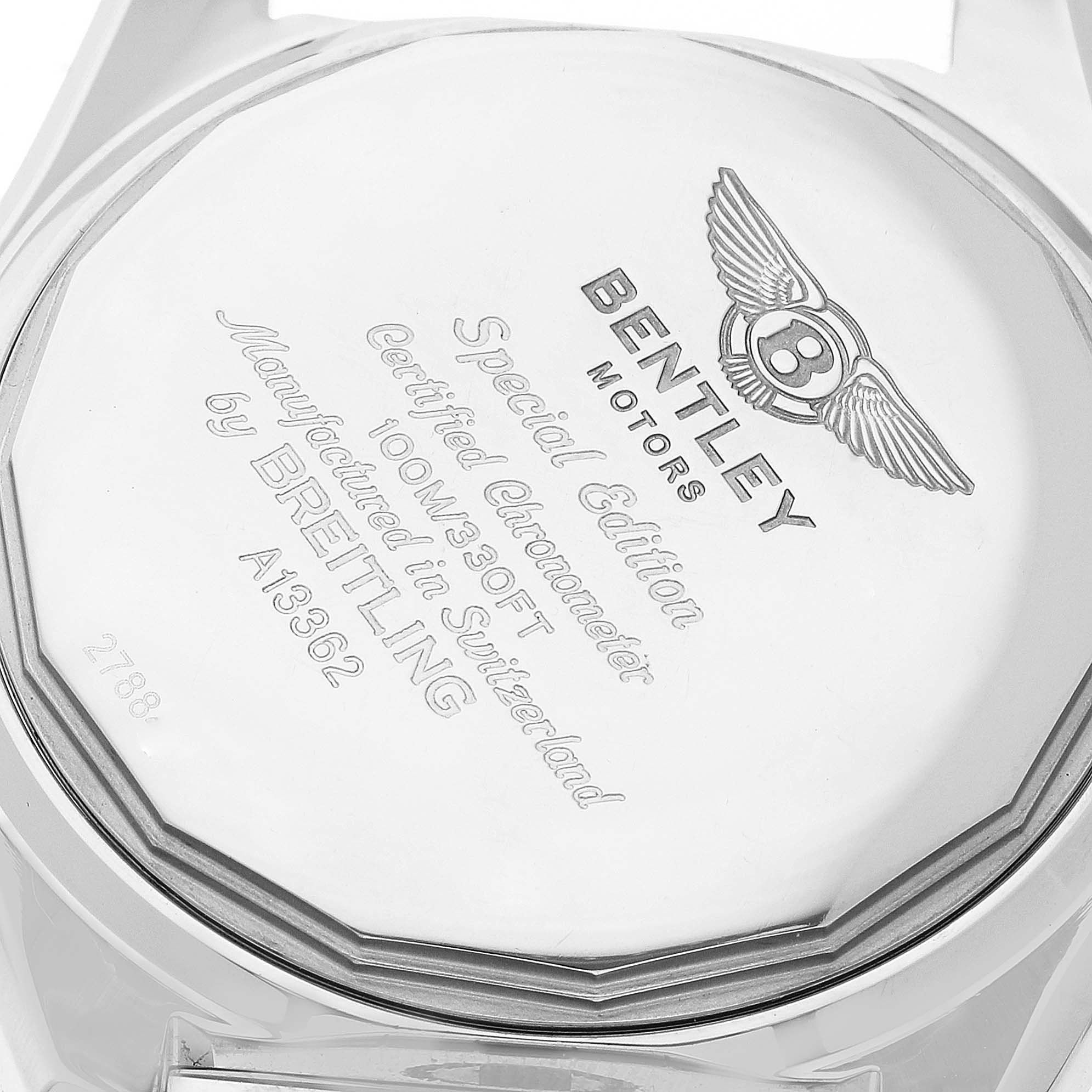 The image shows the back case of a Breitling Bentley A13362 Men's Stainless Steel Black Dial A13362 Men's Stainless Steel Black Dial model watch, highlighting its engravings and specifications.