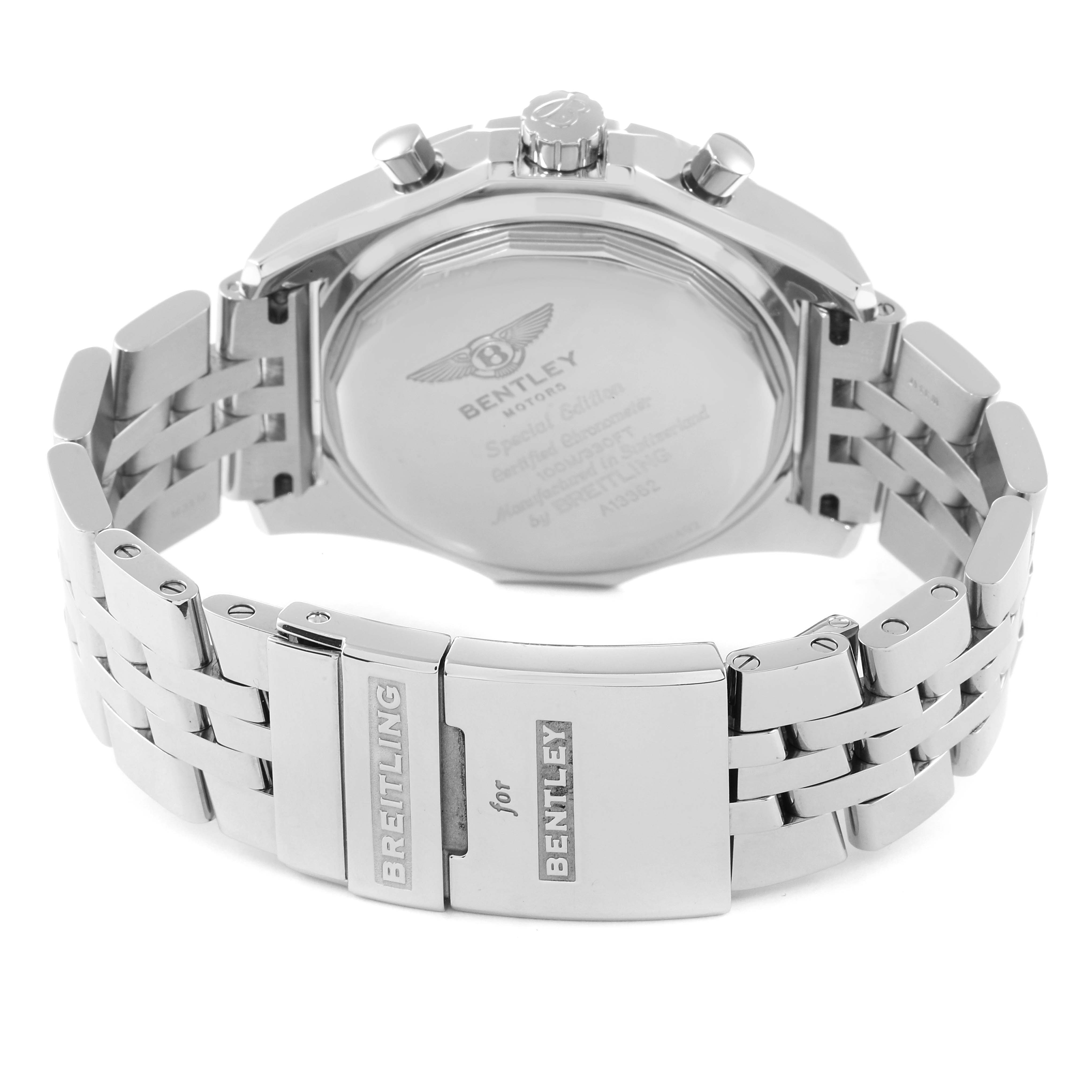 The image shows the back case and bracelet of a Breitling Bentley A13362 Men's Stainless Steel Black Dial A13362 Men's Stainless Steel Black Dial model watch, focusing on the clasp and engravings.