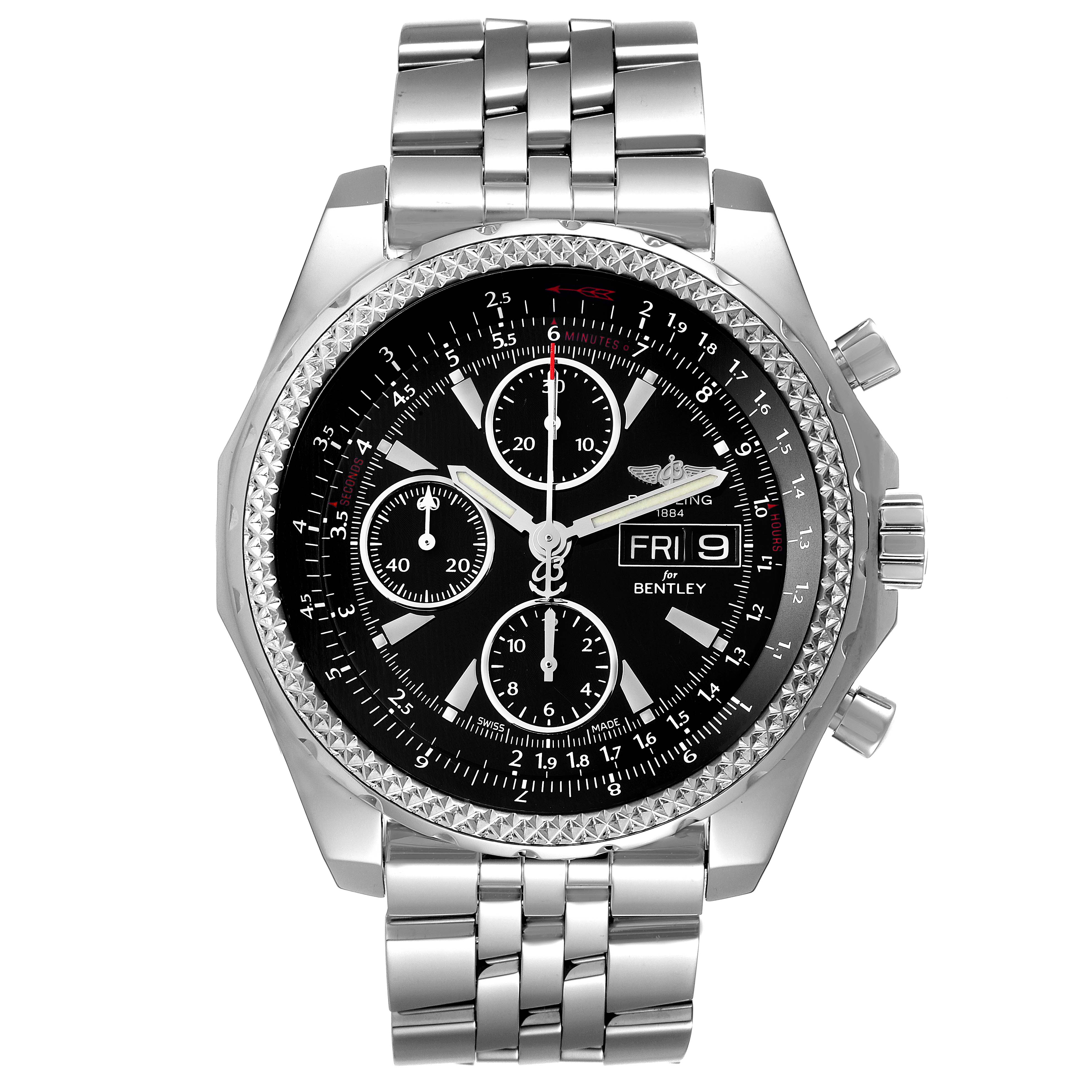 The image shows a frontal view of the Breitling Bentley A13362 Men's Stainless Steel Black Dial A13362 Men's Stainless Steel Black Dial watch, displaying its face, bezel, and metallic bracelet.
