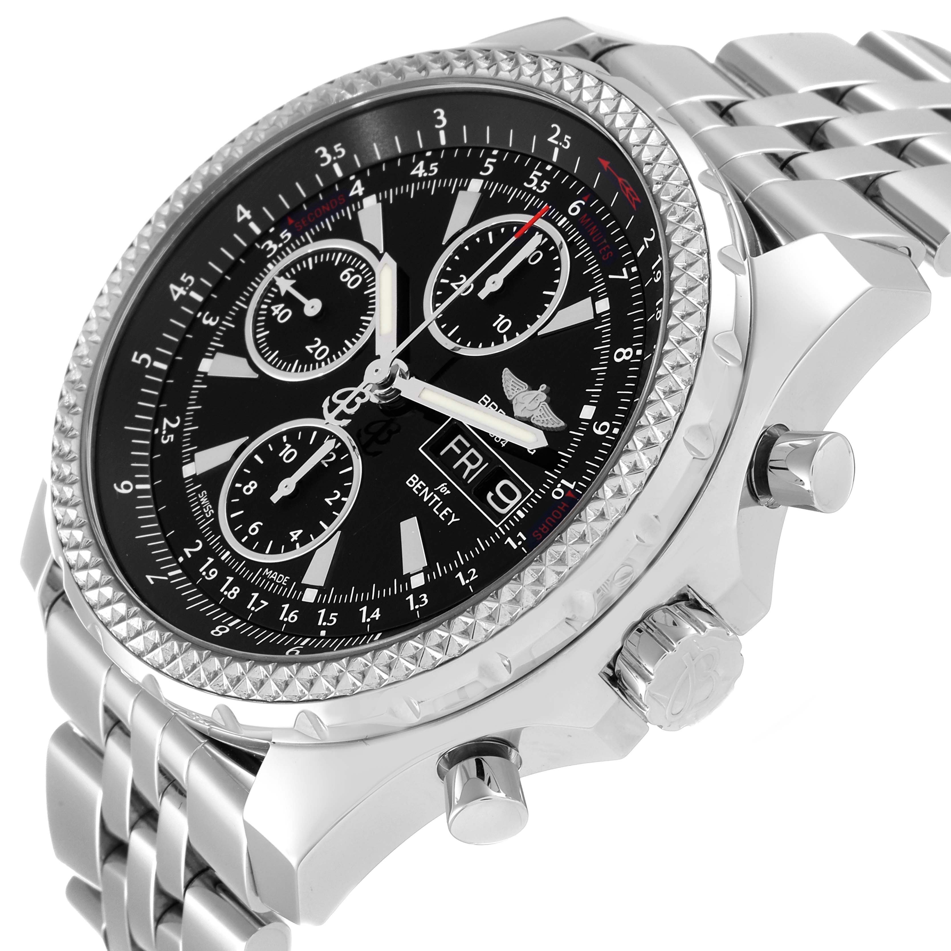 The Breitling Bentley A13362 Men's Stainless Steel Black Dial A13362 Men's Stainless Steel Black Dial watch is shown at a slight angle, featuring its face, bezel, and part of the metal bracelet.