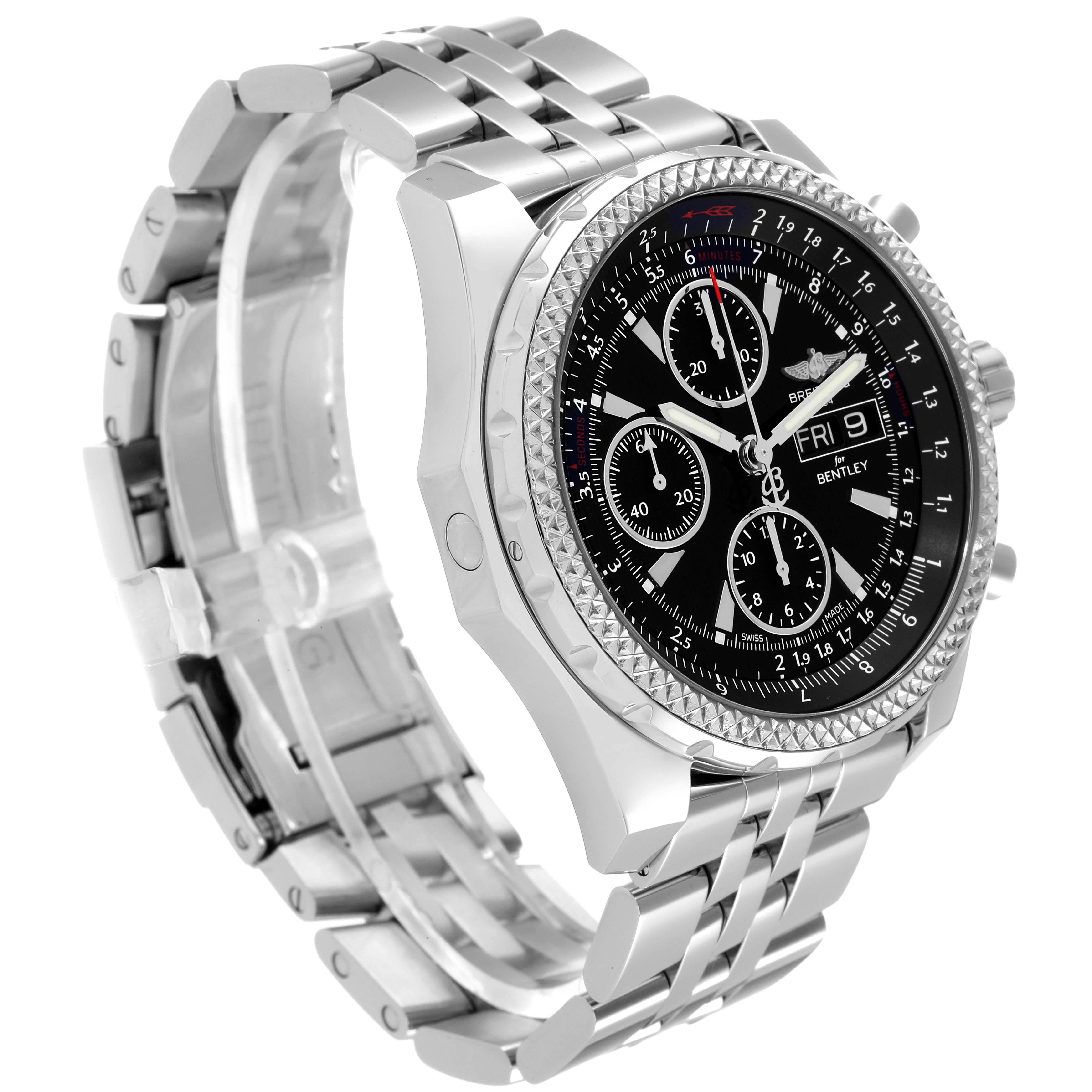 The image shows a Breitling Bentley A13362 Men's Stainless Steel Black Dial A13362 Men's Stainless Steel Black Dial watch from an angle highlighting its face, bezel, chronograph dials, and metal bracelet.