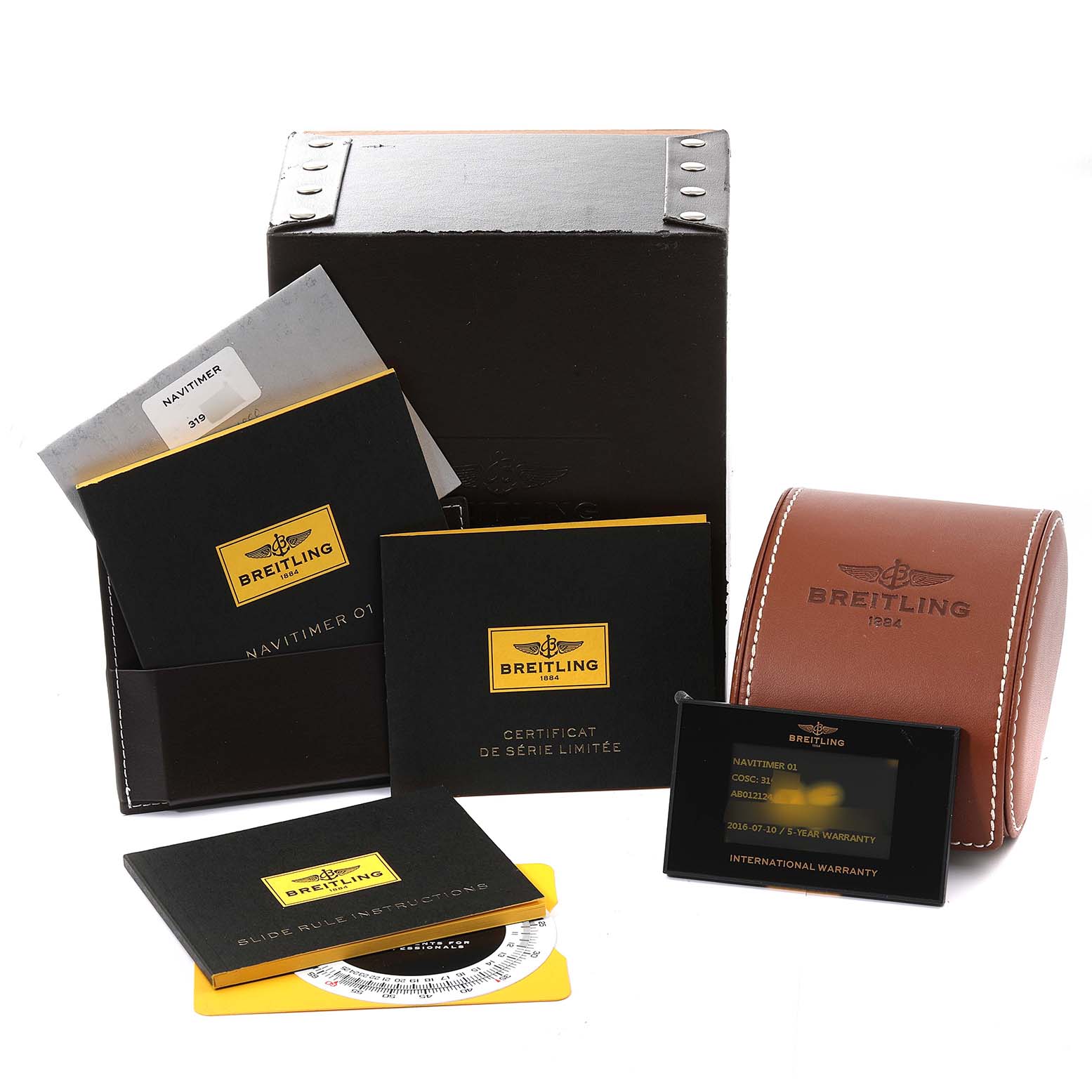 The image shows the box, manuals, warranty card, and case for a Breitling Navitimer AB0121 Men's Stainless Steel Grey Dial AB0121 Men's Stainless Steel Grey Dial watch.