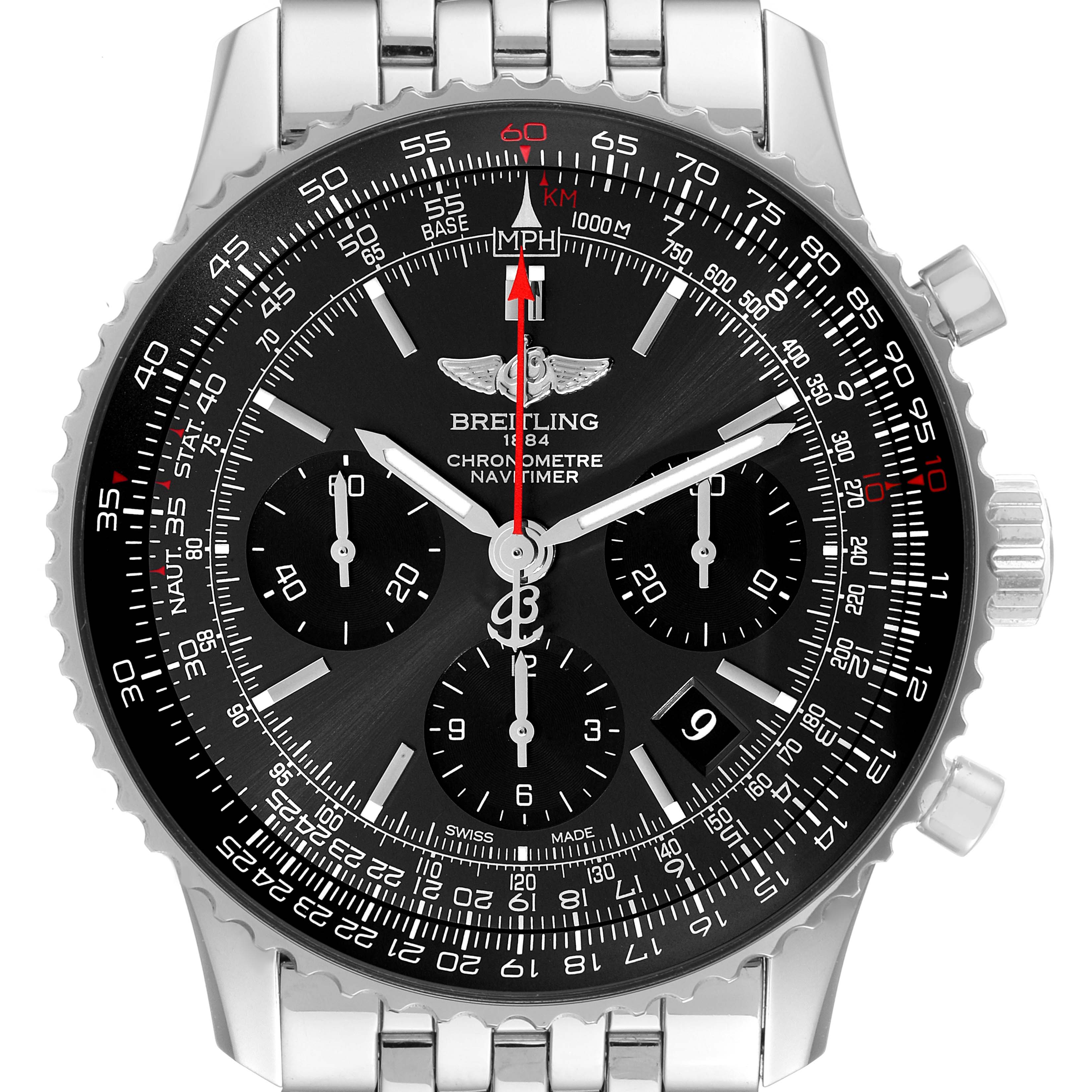 The image shows a frontal view of a Breitling Navitimer AB0121 Men's Stainless Steel Grey Dial AB0121 Men's Stainless Steel Grey Dial watch, highlighting its detailed dial, bezel, and stainless steel bracelet.