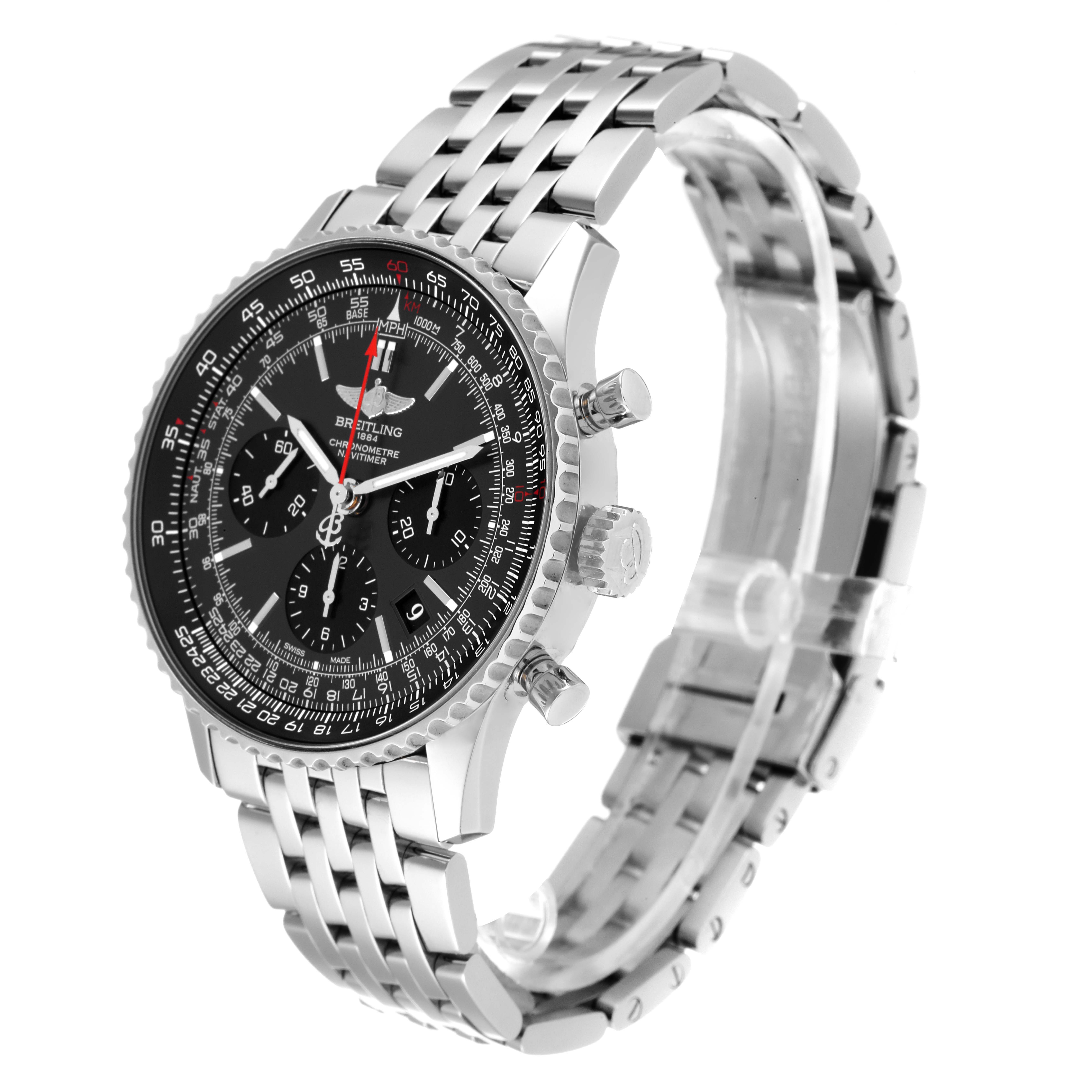 The image shows a Breitling Navitimer AB0121 Men's Stainless Steel Grey Dial AB0121 Men's Stainless Steel Grey Dial watch at a 45-degree angle, highlighting the face, crown, pushers, and bracelet.