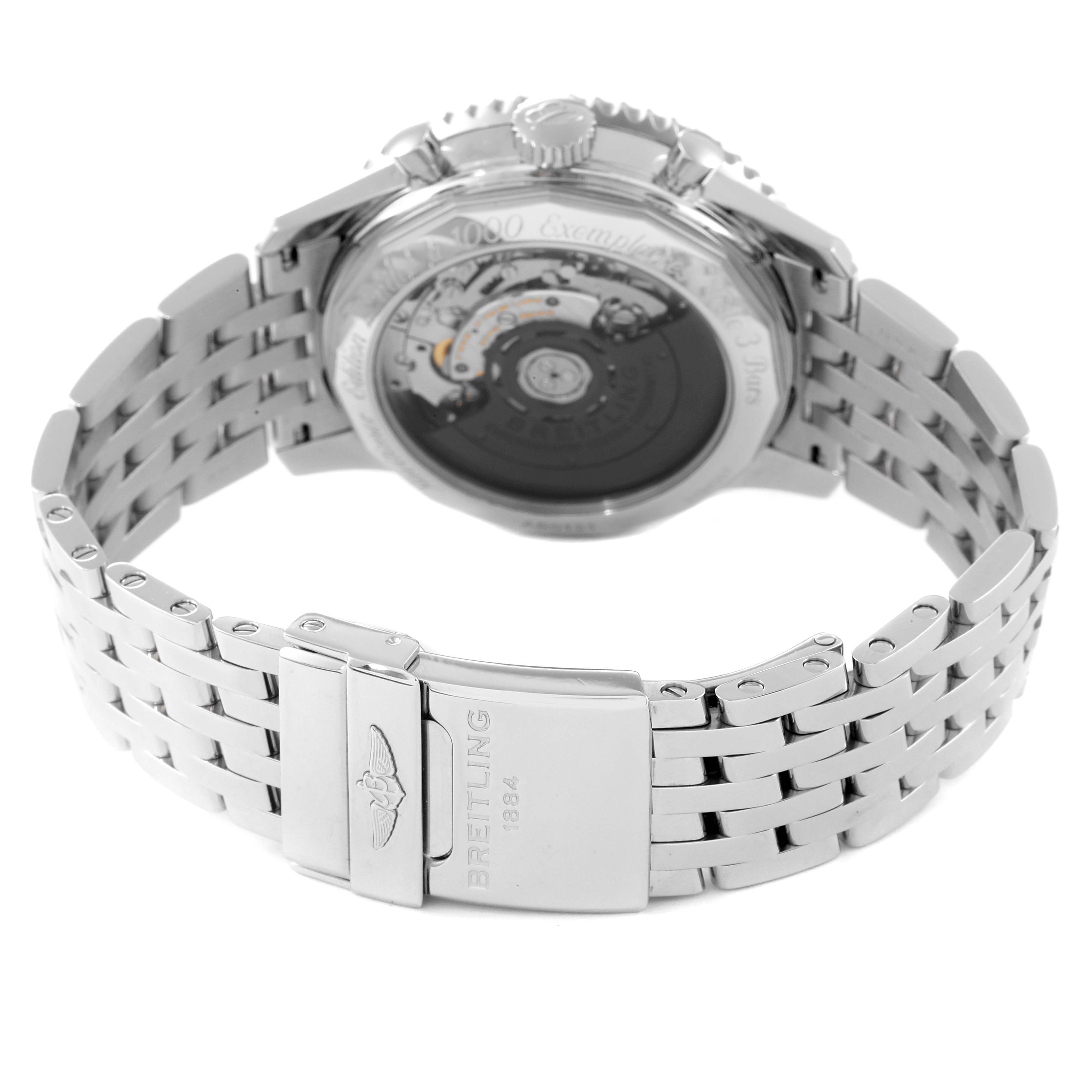 The image shows the back view of a Breitling Navitimer AB0121 Men's Stainless Steel Grey Dial AB0121 Men's Stainless Steel Grey Dial watch, focusing on its transparent case back and metal bracelet clasp.
