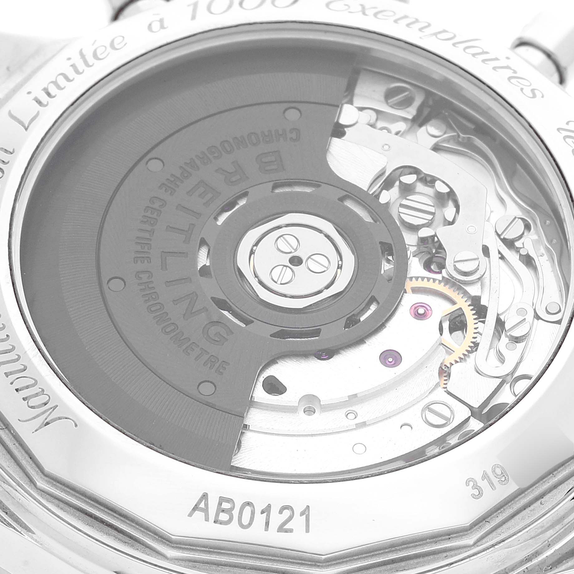 The image shows the back of a Breitling Navitimer AB0121 Men's Stainless Steel Grey Dial AB0121 Men's Stainless Steel Grey Dial watch, focusing on its inner mechanical parts and rotor.