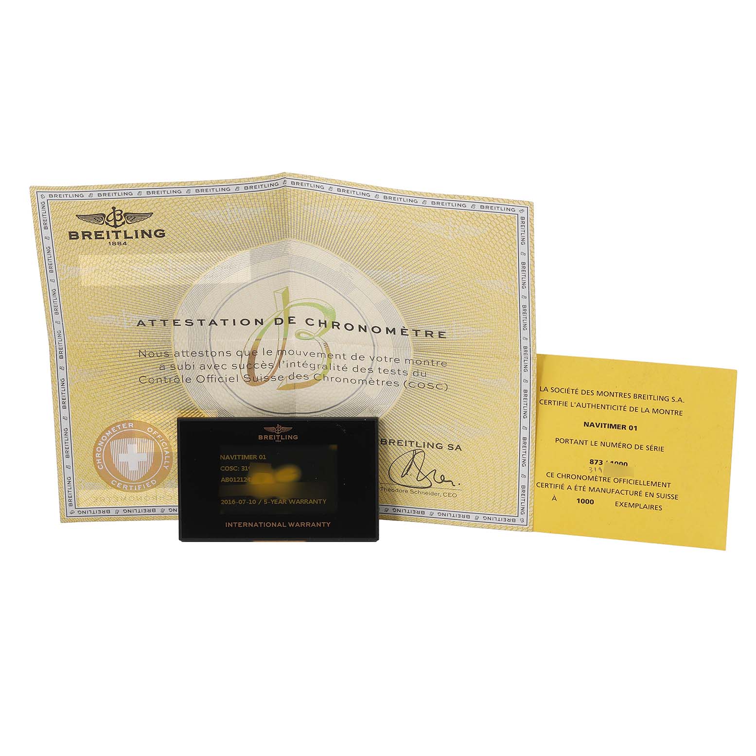 This image shows the documentation for a Breitling Navitimer AB0121 Men's Stainless Steel Grey Dial AB0121 Men's Stainless Steel Grey Dial watch, including a chronometer certificate and an international warranty card.