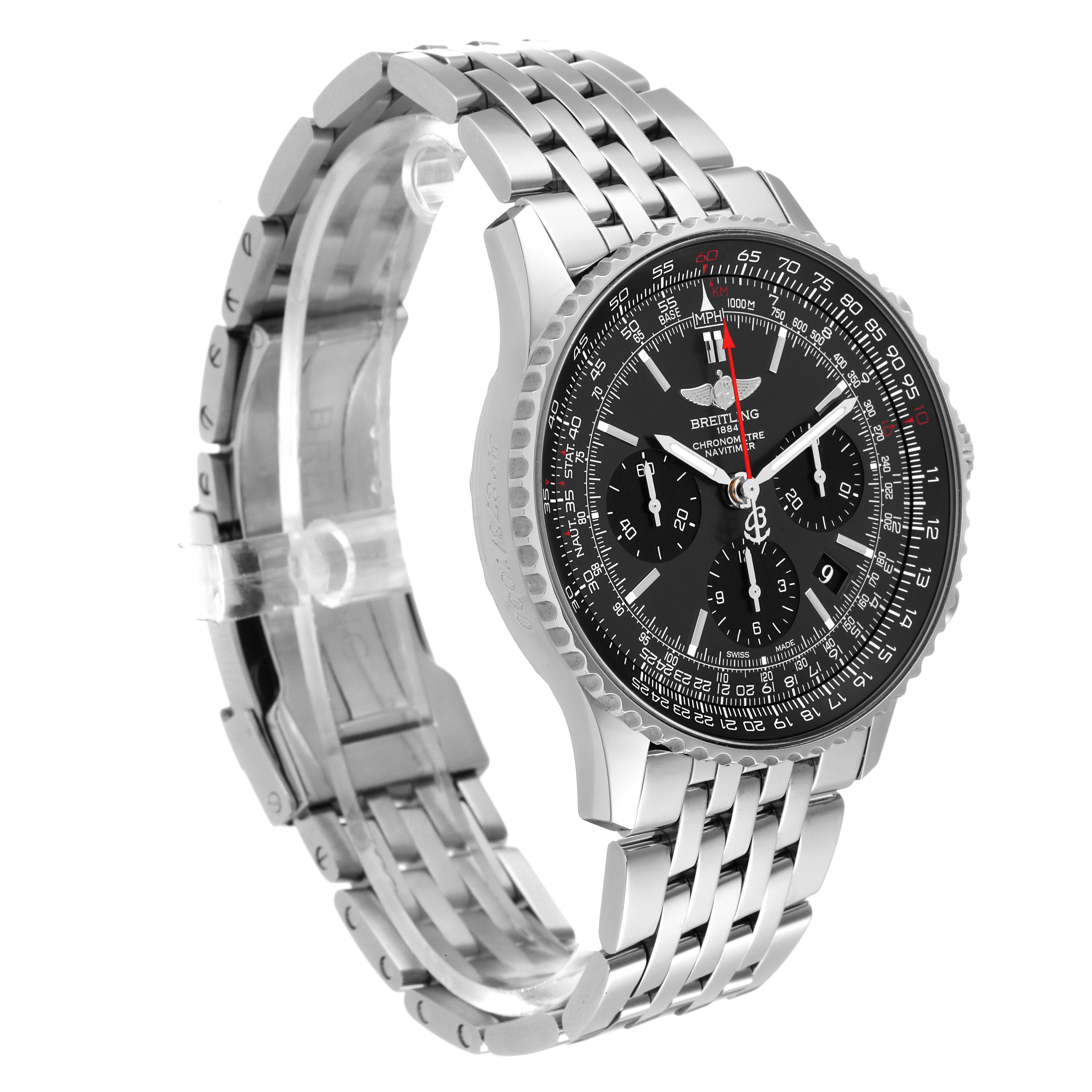 The image shows a side angle of the Breitling Navitimer AB0121 Men's Stainless Steel Grey Dial AB0121 Men's Stainless Steel Grey Dial watch, highlighting its stainless steel bracelet and detailed dial.