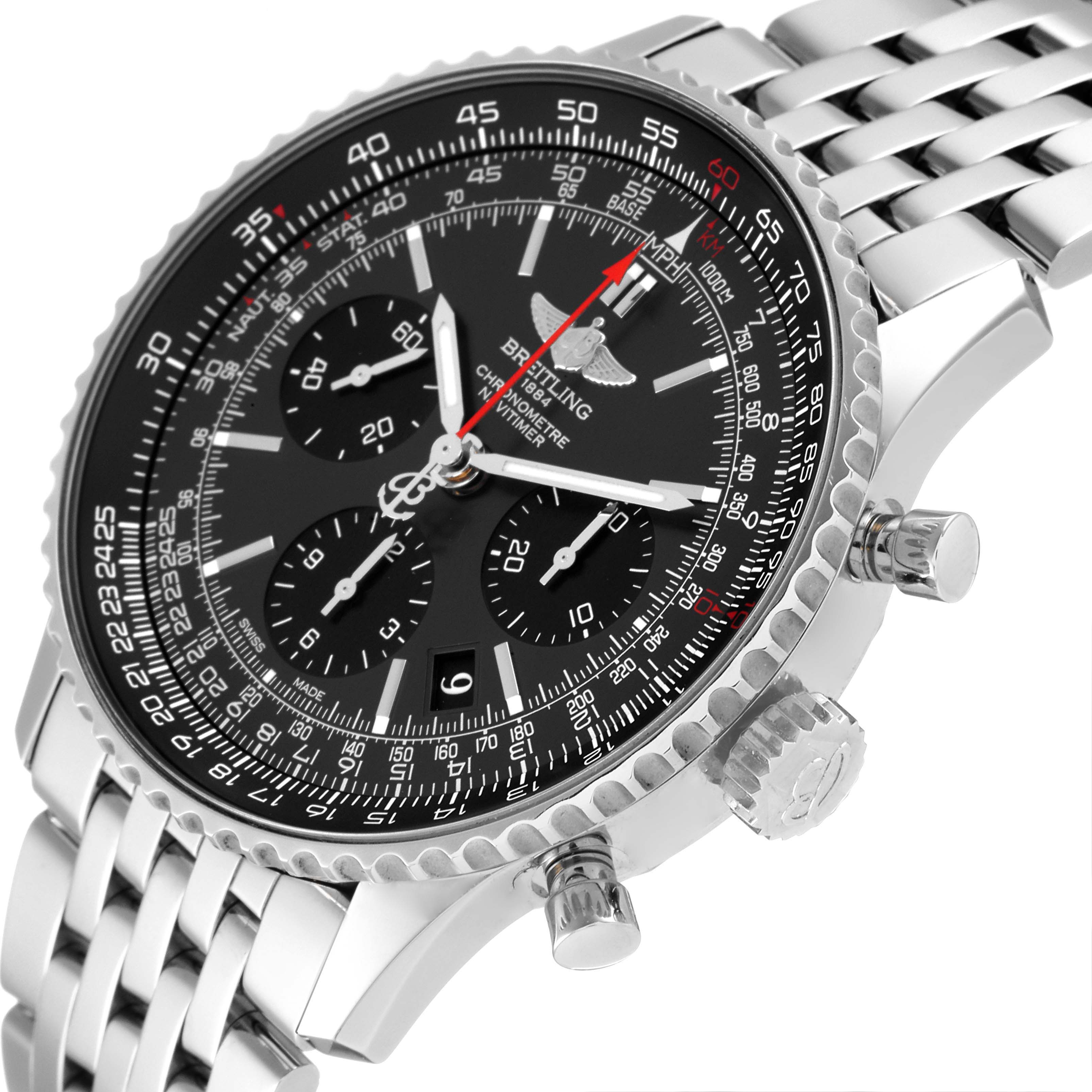 The image shows a Breitling Navitimer AB0121 Men's Stainless Steel Grey Dial AB0121 Men's Stainless Steel Grey Dial watch at an angle emphasizing the dial, bezel, crown, and bracelet.