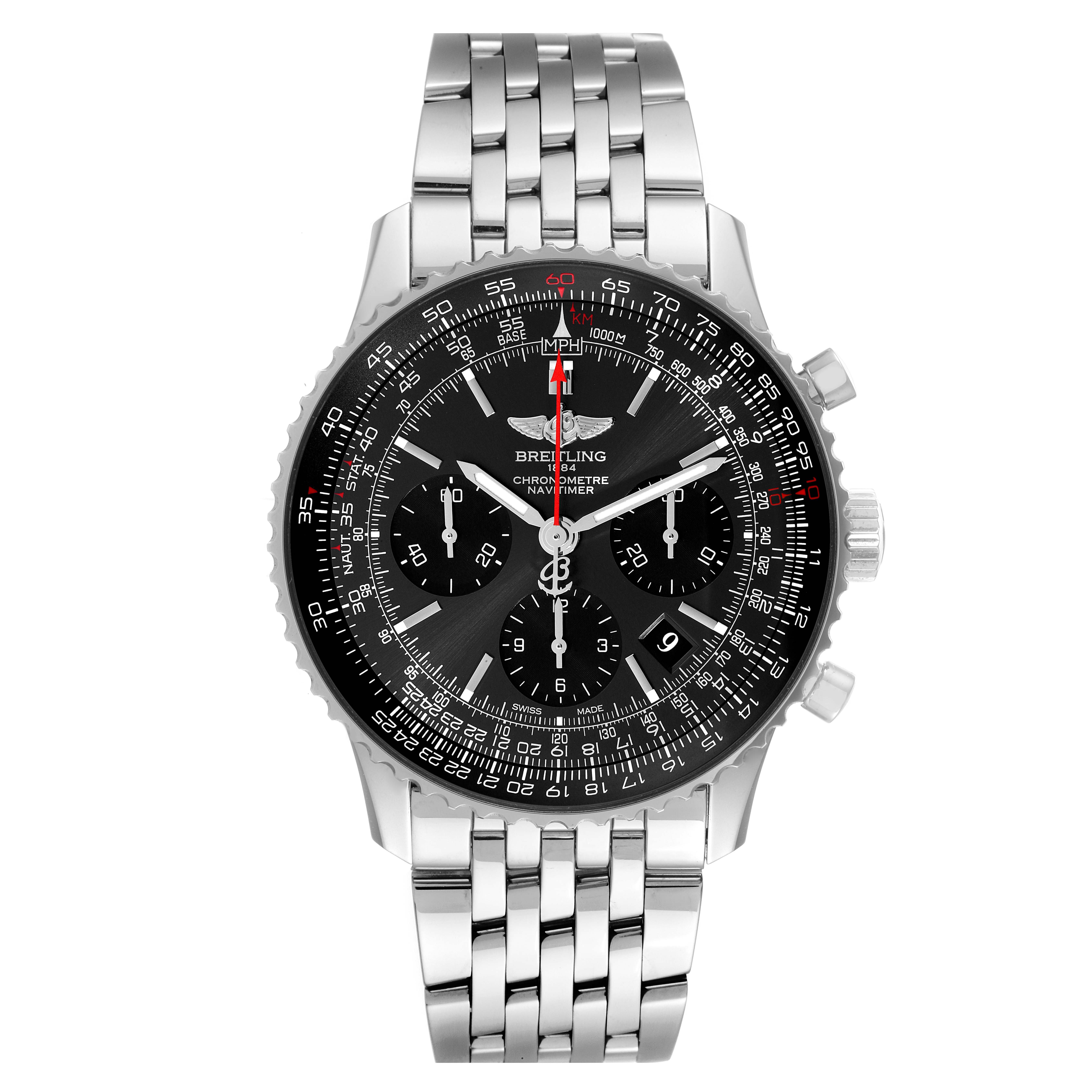 The image shows the front view of a Breitling Navitimer AB0121 Men's Stainless Steel Grey Dial AB0121 Men's Stainless Steel Grey Dial watch, highlighting its face, dial, bezel, and metal bracelet.