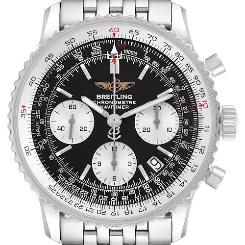 The Breitling Navitimer A23322 Men's Stainless Steel Black Dial watch is shown from a front-facing angle, displaying its dial, three subdials, bezel, and partial bracelet.