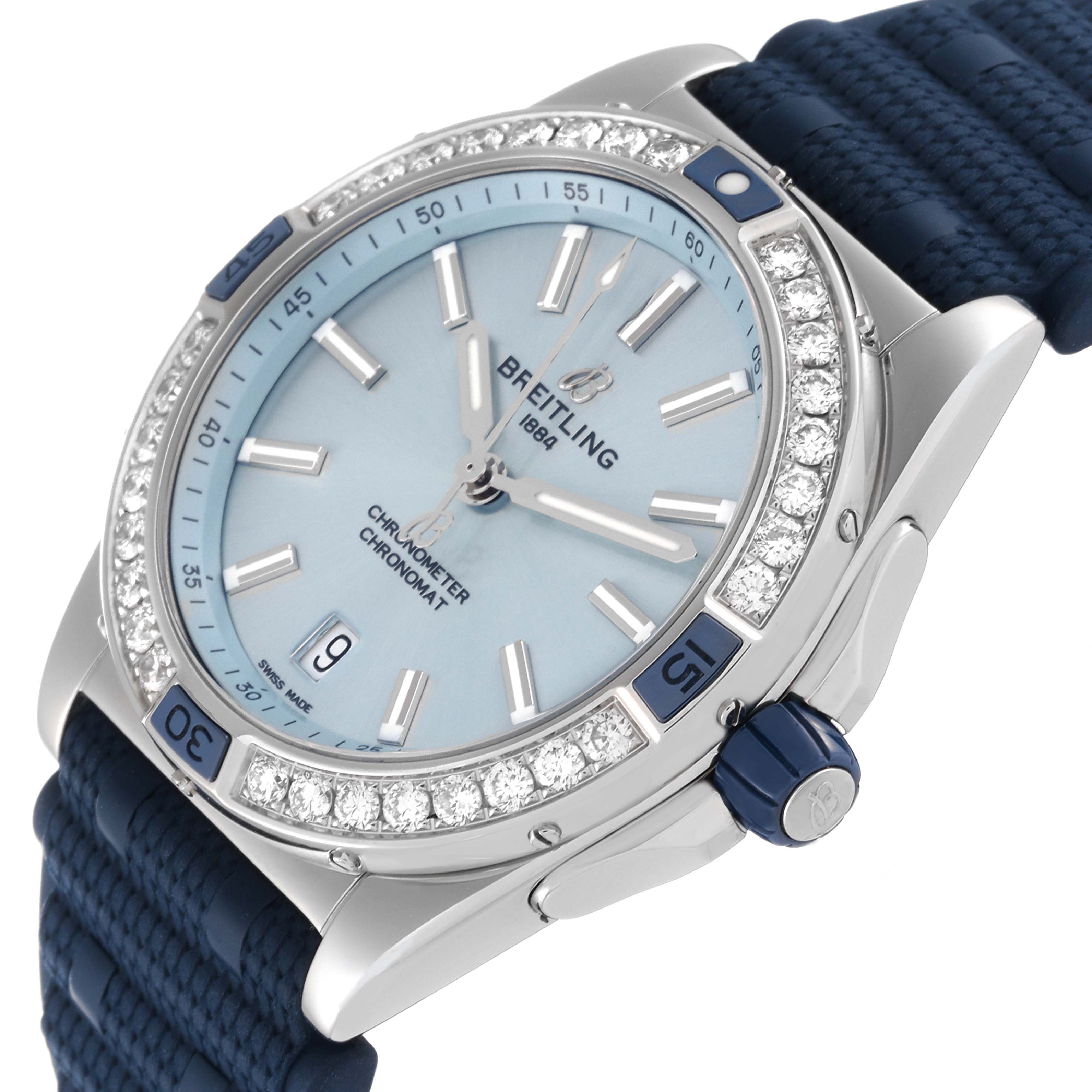 The image shows a Super Chronomat Blue Dial Steel Diamond Ladies Watch A17356 by Breitling A17356 Women's Stainless Steel Blue Dial A17356 Women's Stainless Steel Blue Dial at a slight angle, highlighting the face and bezel.