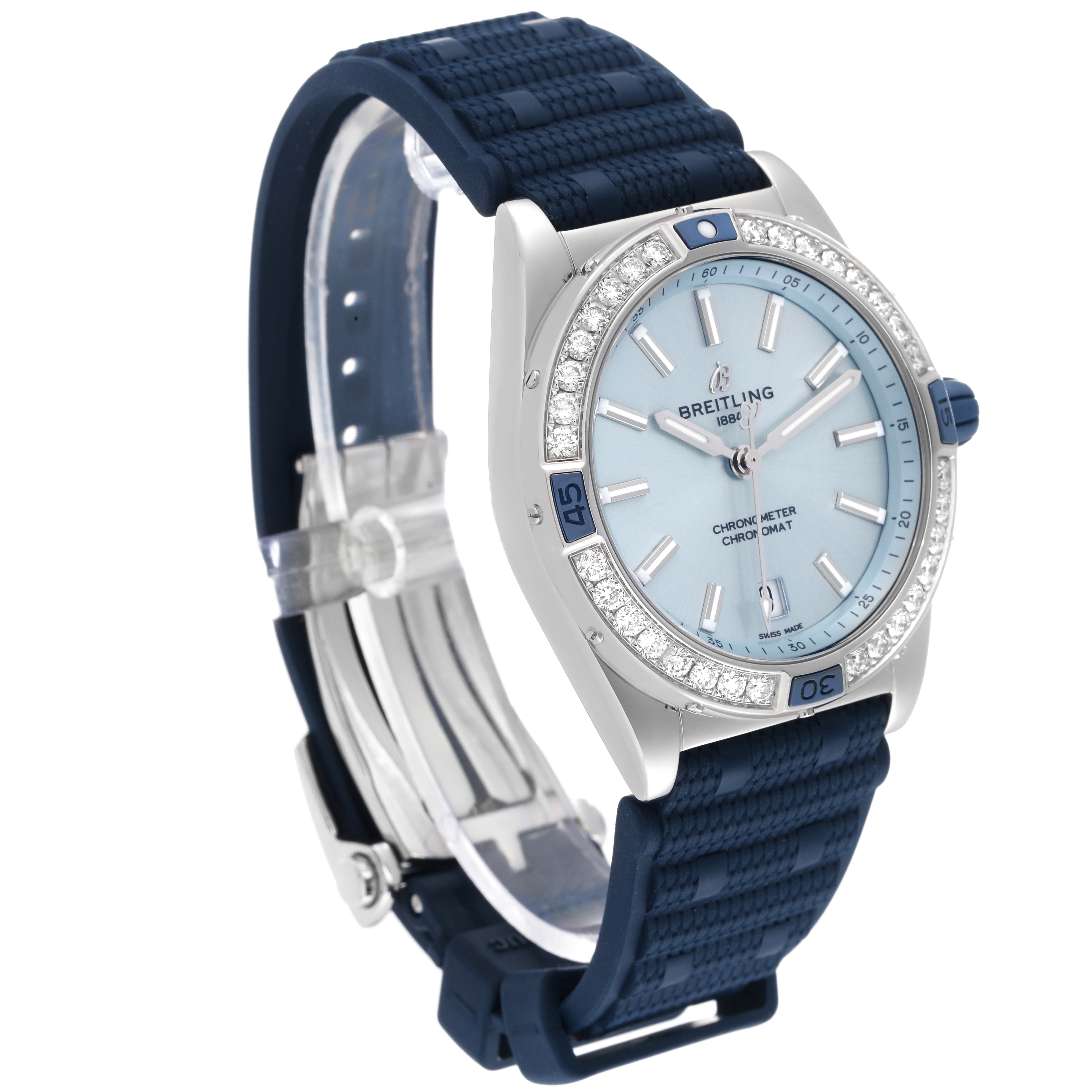 The Breitling A17356 Women's Stainless Steel Blue Dial A17356 Women's Stainless Steel Blue Dial Super Chronomat A17356 Blue Dial Steel Diamond Ladies Watch is shown at an angled side-front view, highlighting the dial, bezel, and strap.