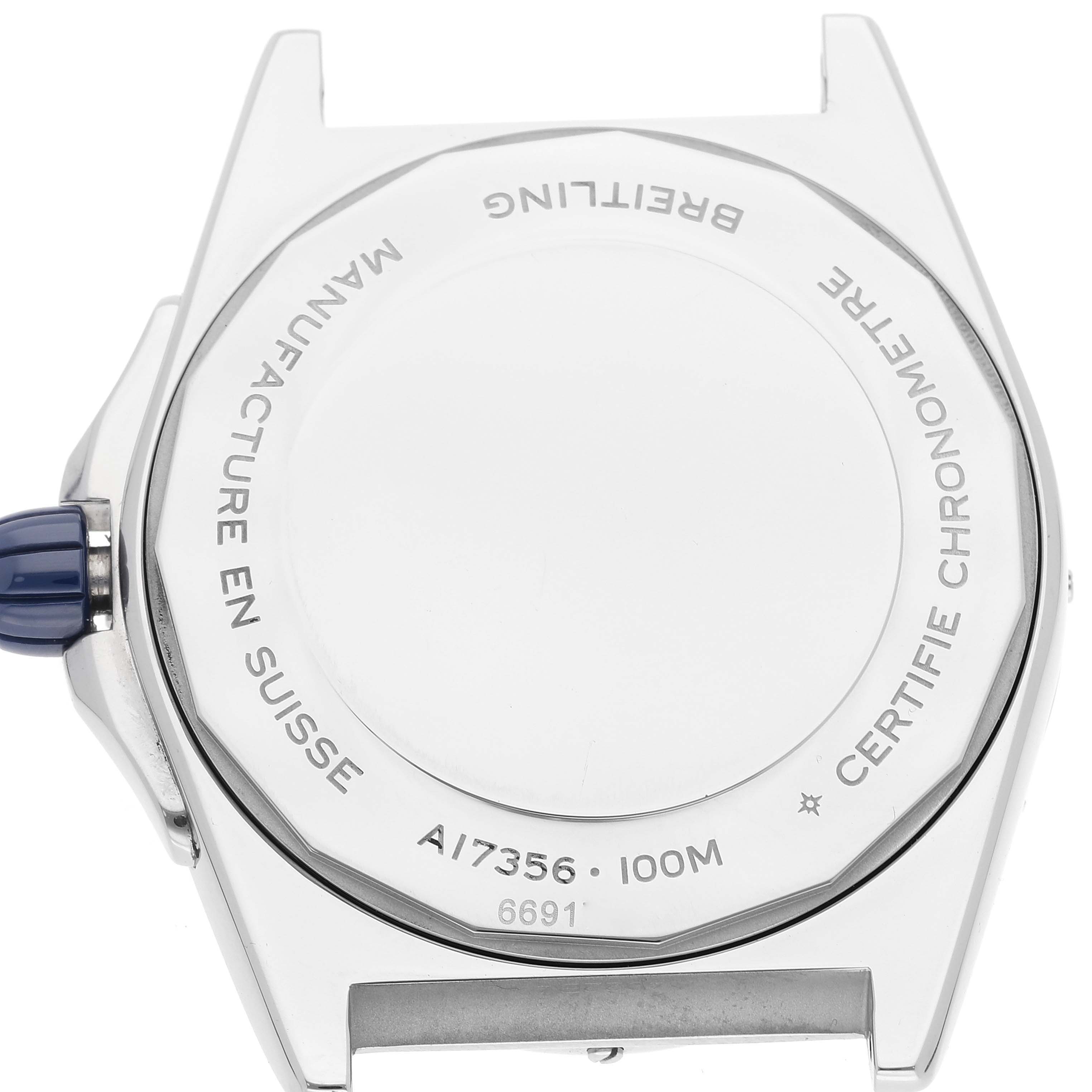 This image shows the back case of a Breitling A17356 Women's Stainless Steel Blue Dial A17356 Women's Stainless Steel Blue Dial Super Chronomat Blue Dial Steel Diamond Ladies Watch A17356, highlighting the model and inscriptions.