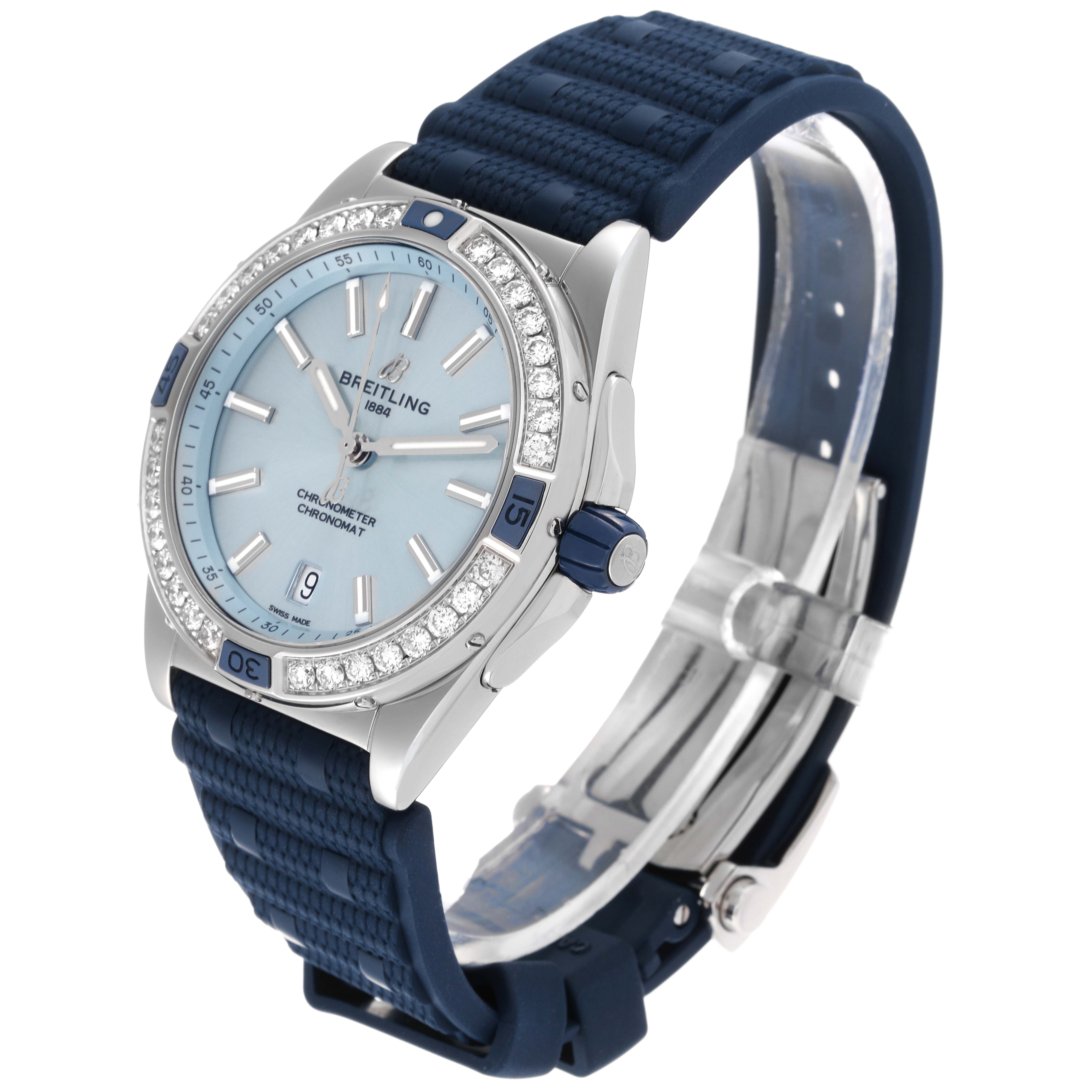 The image shows a side angle of the Breitling A17356 Women's Stainless Steel Blue Dial A17356 Women's Stainless Steel Blue Dial Super Chronomat A17356, highlighting its blue dial, diamond bezel, and blue strap.