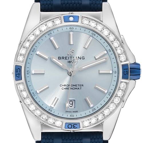 Photo of Breitling Super Chronomat Blue Dial Steel Diamond Ladies Watch A17356 Box Card