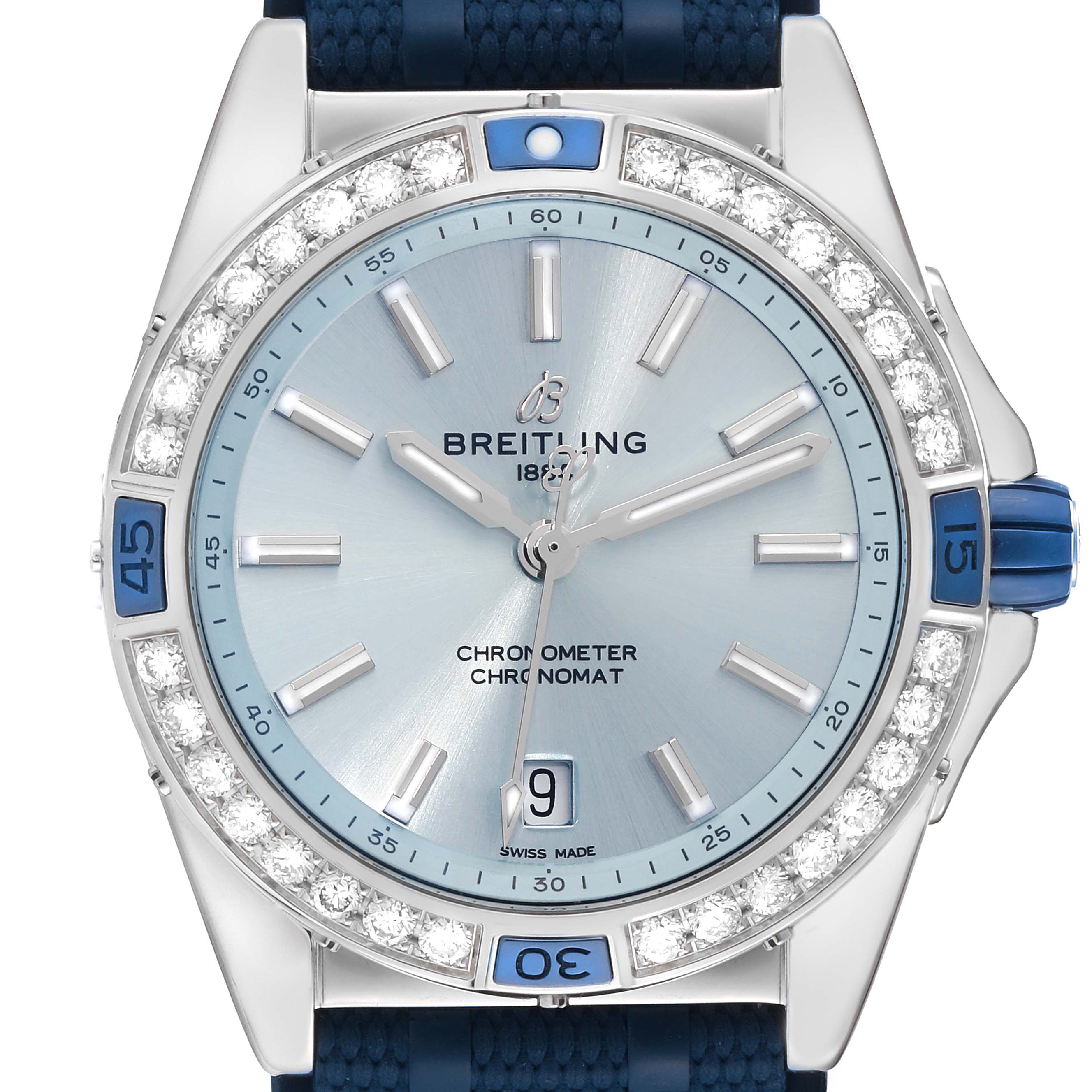The image shows a front view of the Breitling A17356 Women's Stainless Steel Blue Dial A17356 Women's Stainless Steel Blue Dial Super Chronomat Blue Dial Steel Diamond Ladies Watch A17356, highlighting its dial and bezel.