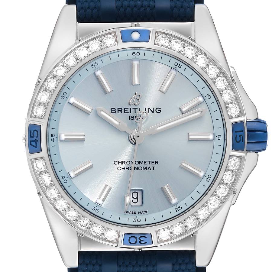 Breitling Super Chronomat Blue Dial Steel Diamond Ladies Watch A17356 Box Card SwissWatchExpo