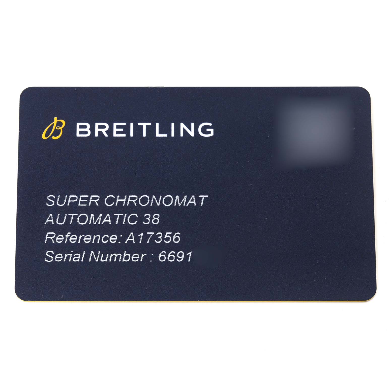 This image shows a card for the Breitling A17356 Women's Stainless Steel Blue Dial A17356 Women's Stainless Steel Blue Dial Super Chronomat Blue Dial Steel Diamond Ladies Watch, model A17356, displaying the reference and serial number.
