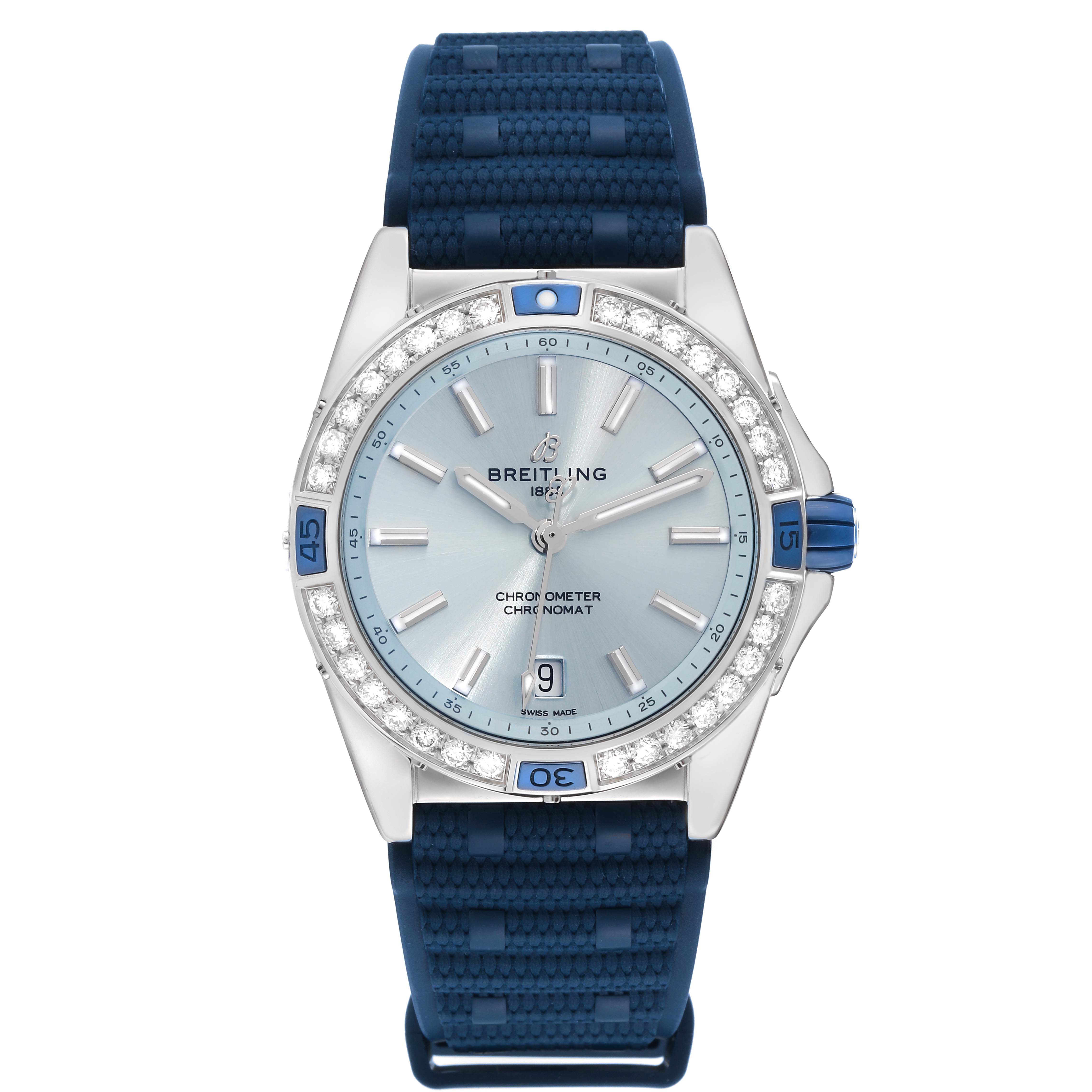 The Breitling A17356 Women's Stainless Steel Blue Dial A17356 Women's Stainless Steel Blue Dial Super Chronomat A17356 displays a front view highlighting its blue dial, diamond bezel, and blue strap.