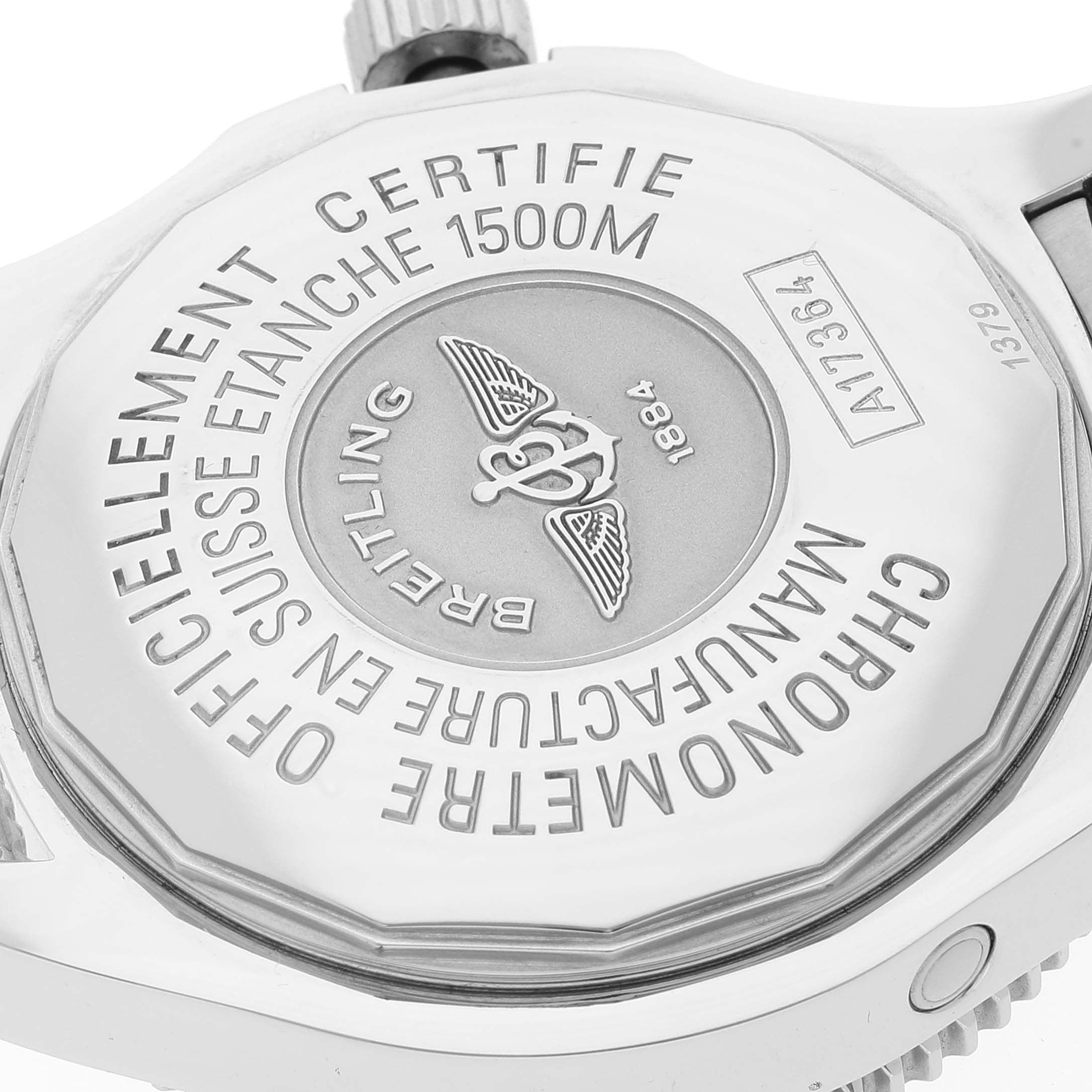 The image shows the back case of the Breitling Superocean A17364 Men's Stainless Steel Black Dial A17364 Men's Stainless Steel Black Dial watch, displaying branding and specifications.