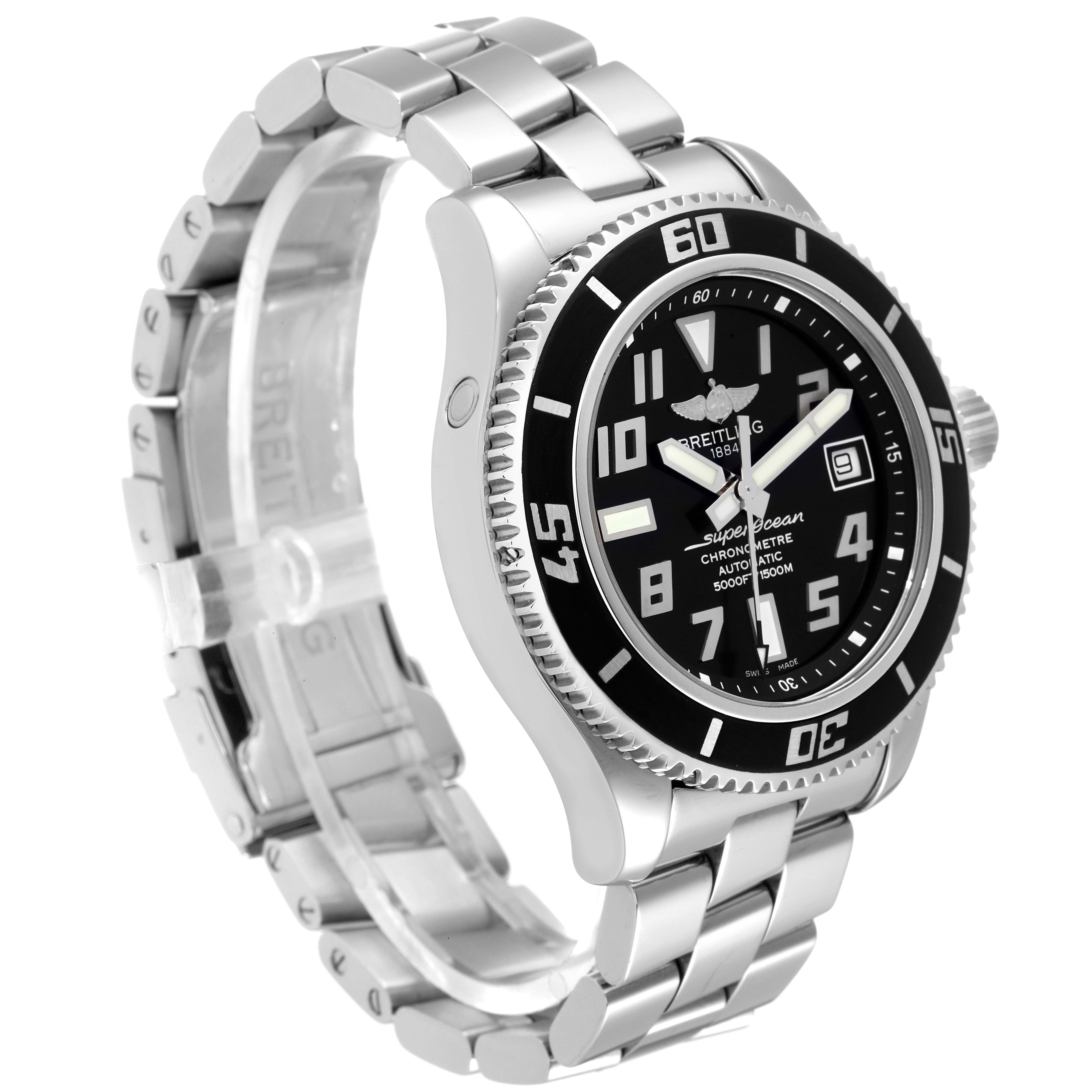 The image shows a Breitling Superocean A17364 Men's Stainless Steel Black Dial A17364 Men's Stainless Steel Black Dial watch at a 3/4 angle, highlighting its face, bezel, case, crown, and metal bracelet.