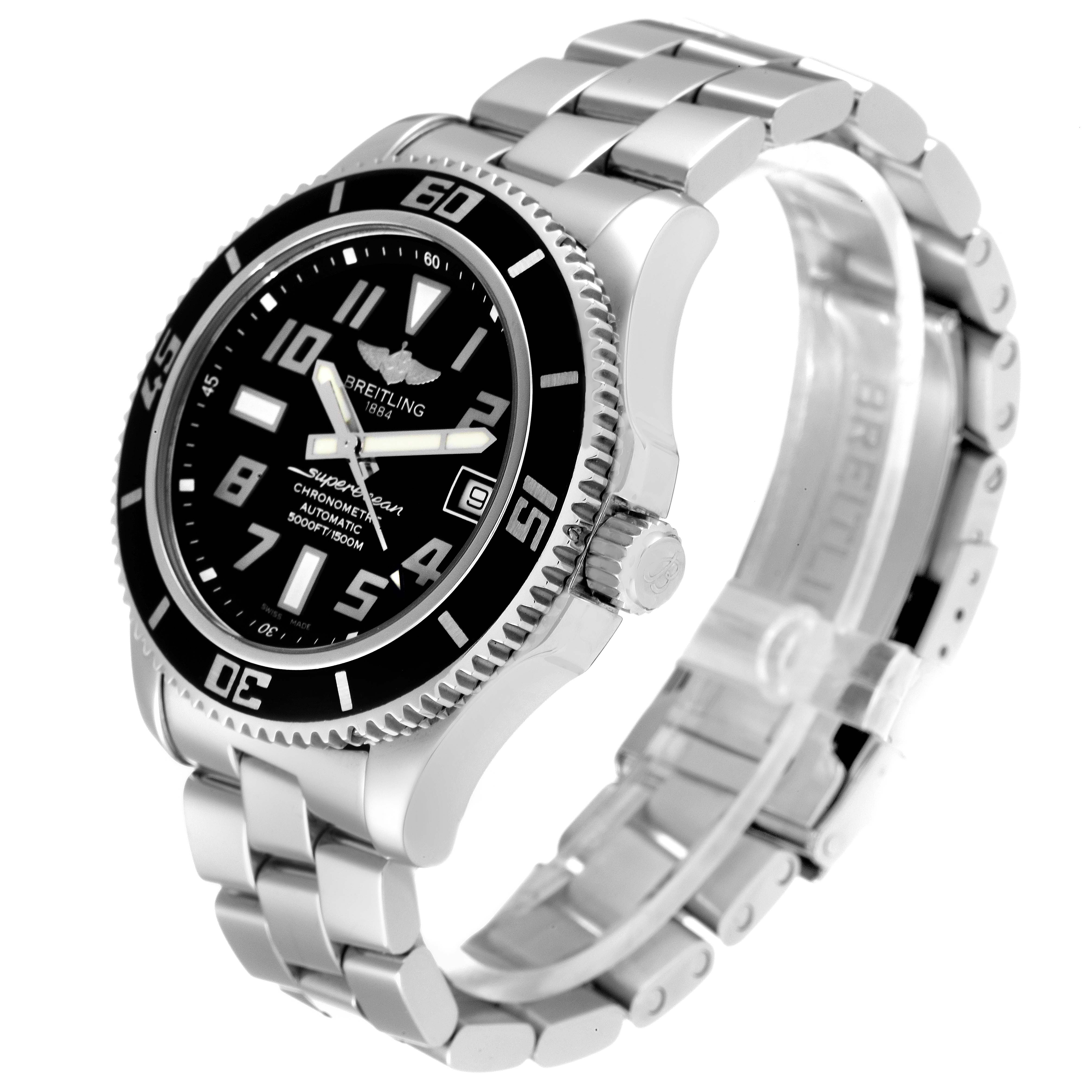 The image shows a Breitling Superocean A17364 Men's Stainless Steel Black Dial A17364 Men's Stainless Steel Black Dial watch from a front-side angle, highlighting the face, bezel, crown, and metal bracelet.