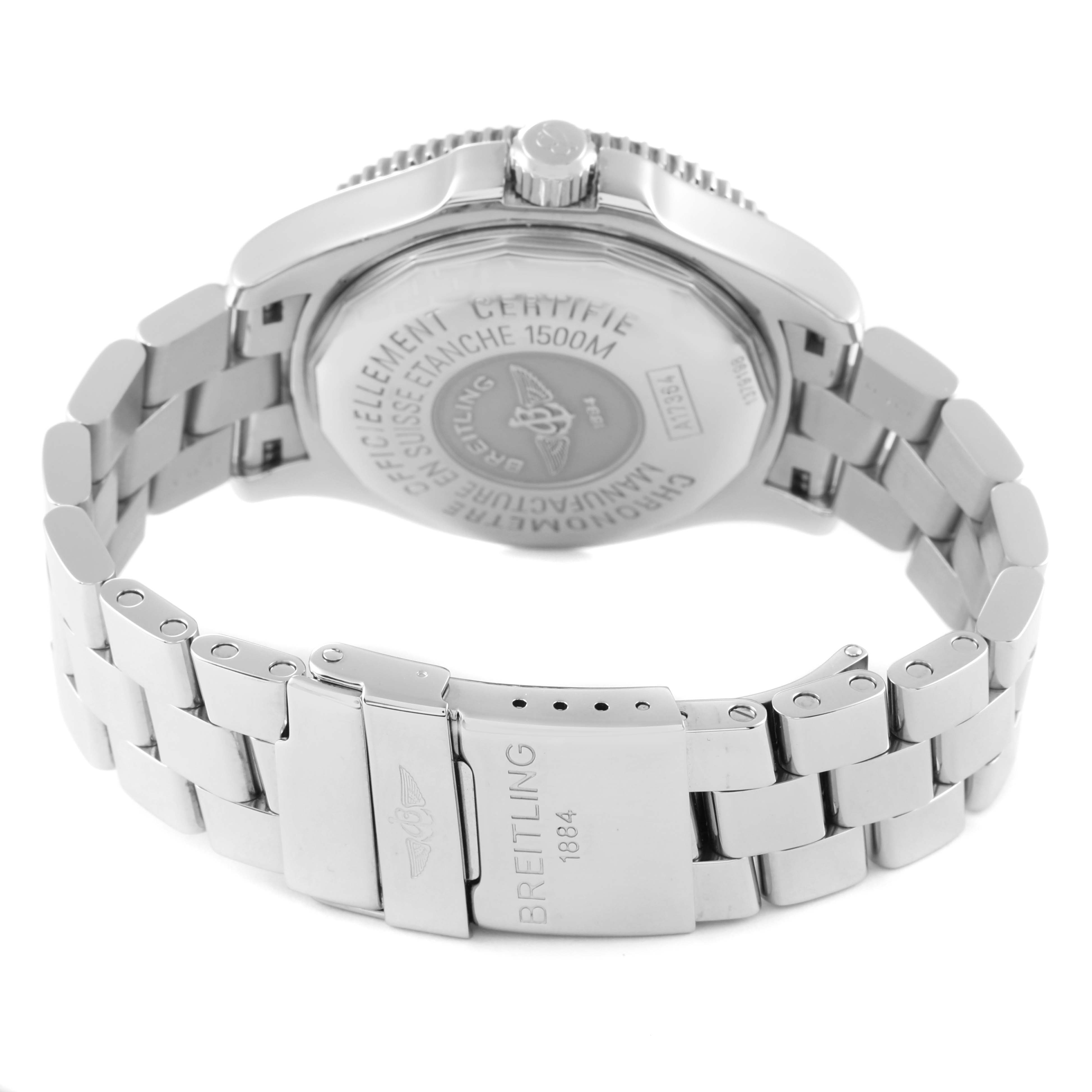 The image shows the back case and bracelet of a Breitling Superocean A17364 Men's Stainless Steel Black Dial A17364 Men's Stainless Steel Black Dial watch at an angle highlighting the clasp and case back details.