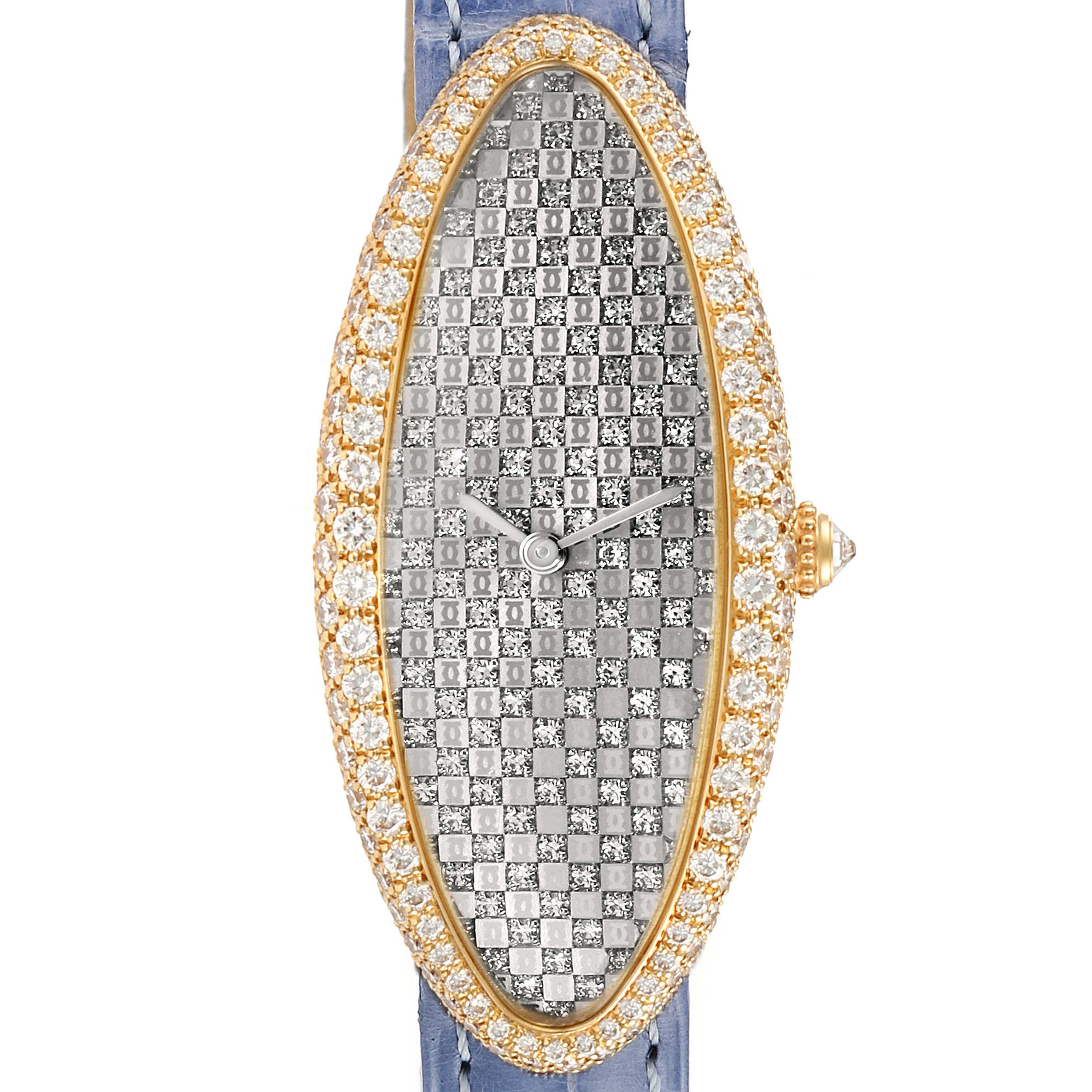 The image shows a Cartier Baignoire 2583 Women's Yellow Gold Silver Dial 2583 Women's Yellow Gold Silver Dial watch, captured from the front, highlighting its diamond-encrusted bezel and checkered face.