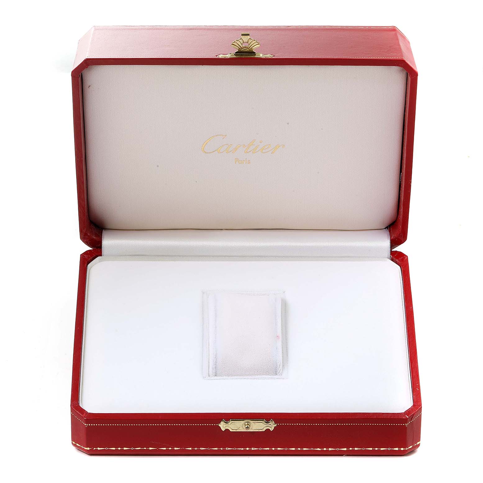 This image shows an open red Cartier watch box for the Baignoire model, displaying the interior padding and the brand's name.