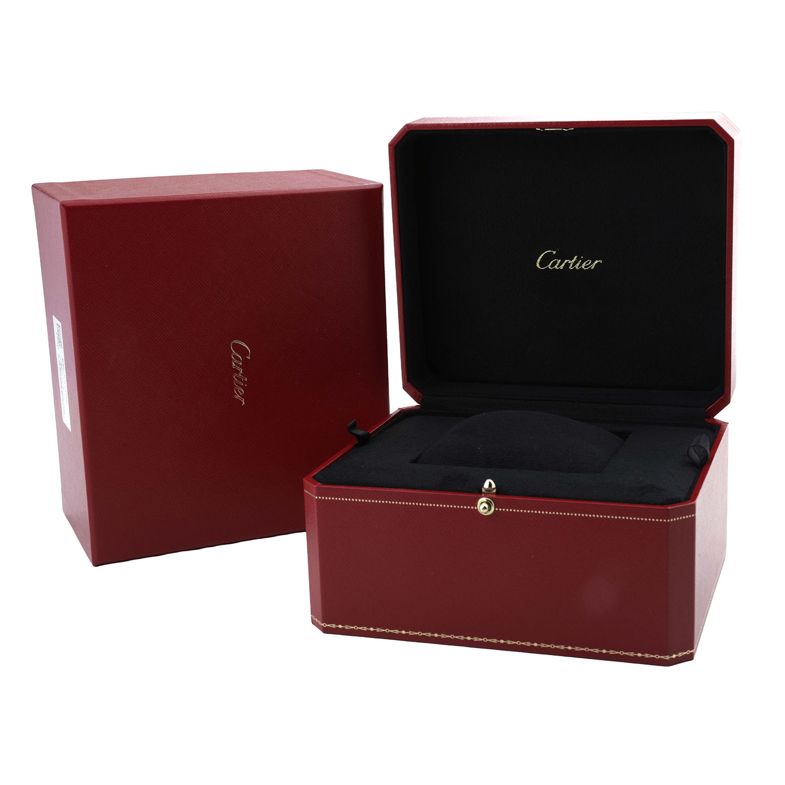The image shows the open red box of a Ballon Bleu by Cartier, showcasing its interior designed to hold the watch securely.