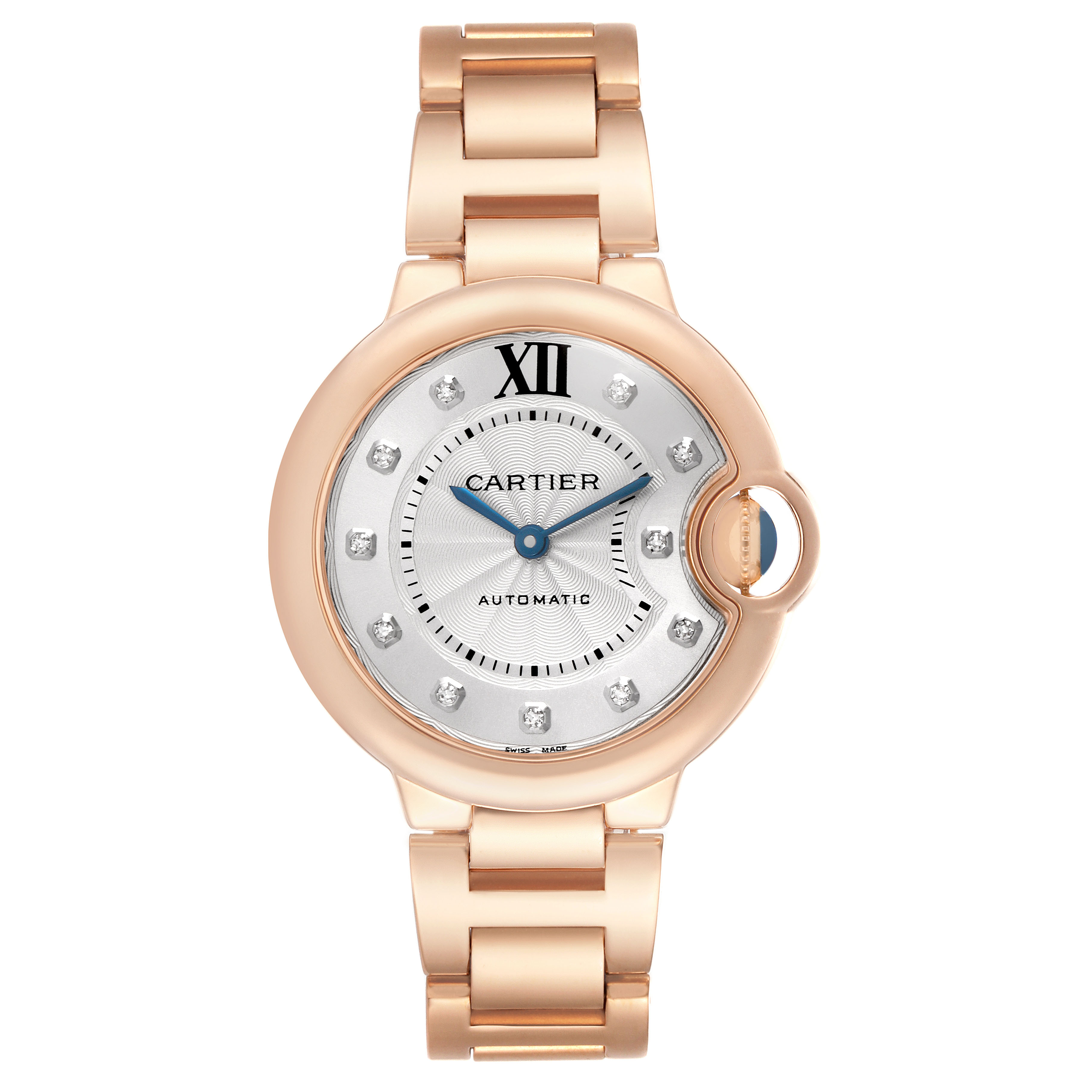 The Cartier Ballon Bleu WE902039 Women's Rose Gold Silver Dial watch is shown from the front, displaying the face and bracelet with blue hands and diamond hour markers.