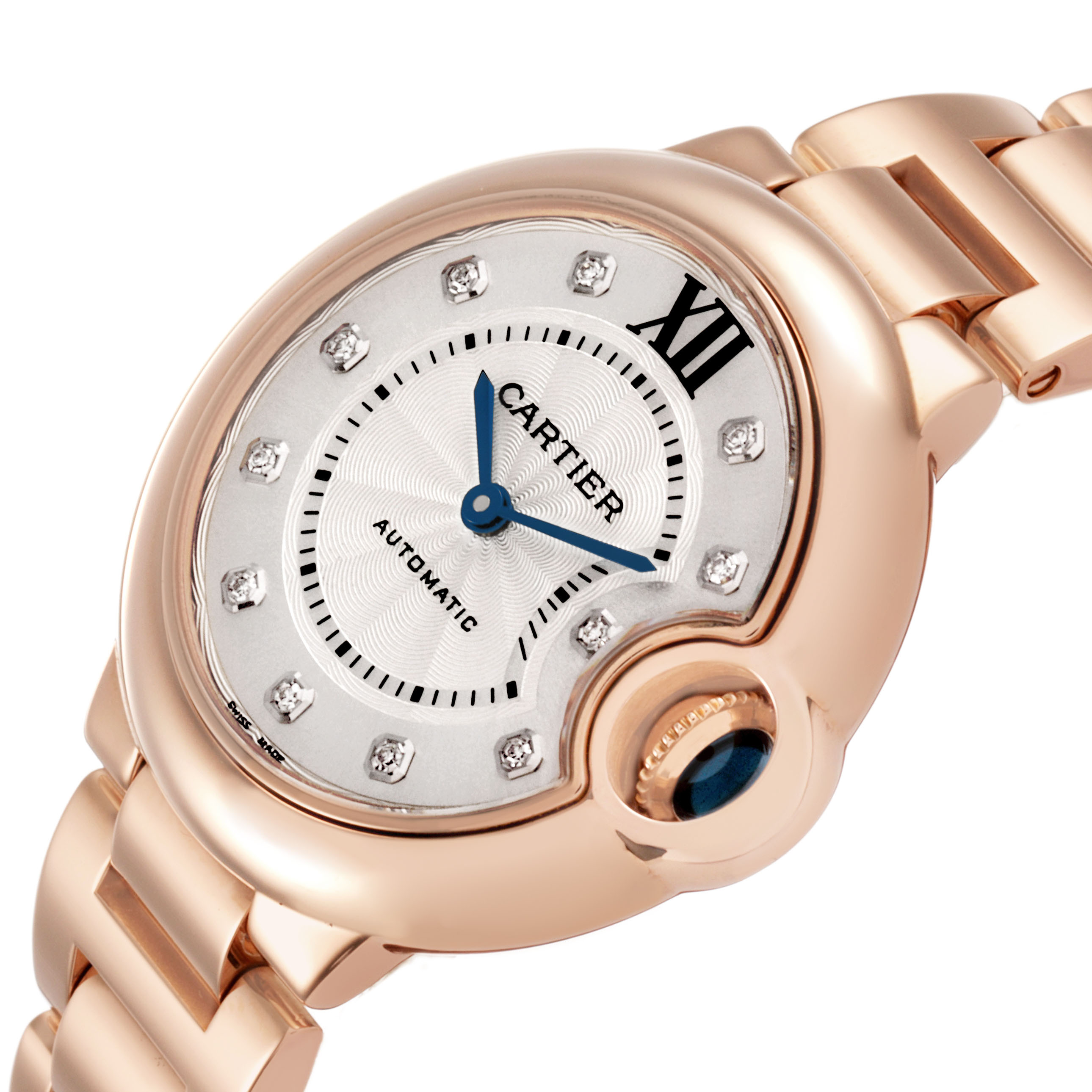 The Cartier Ballon Bleu WE902039 Women's Rose Gold Silver Dial watch is shown at an angle displaying the dial, crown, and part of the bracelet.