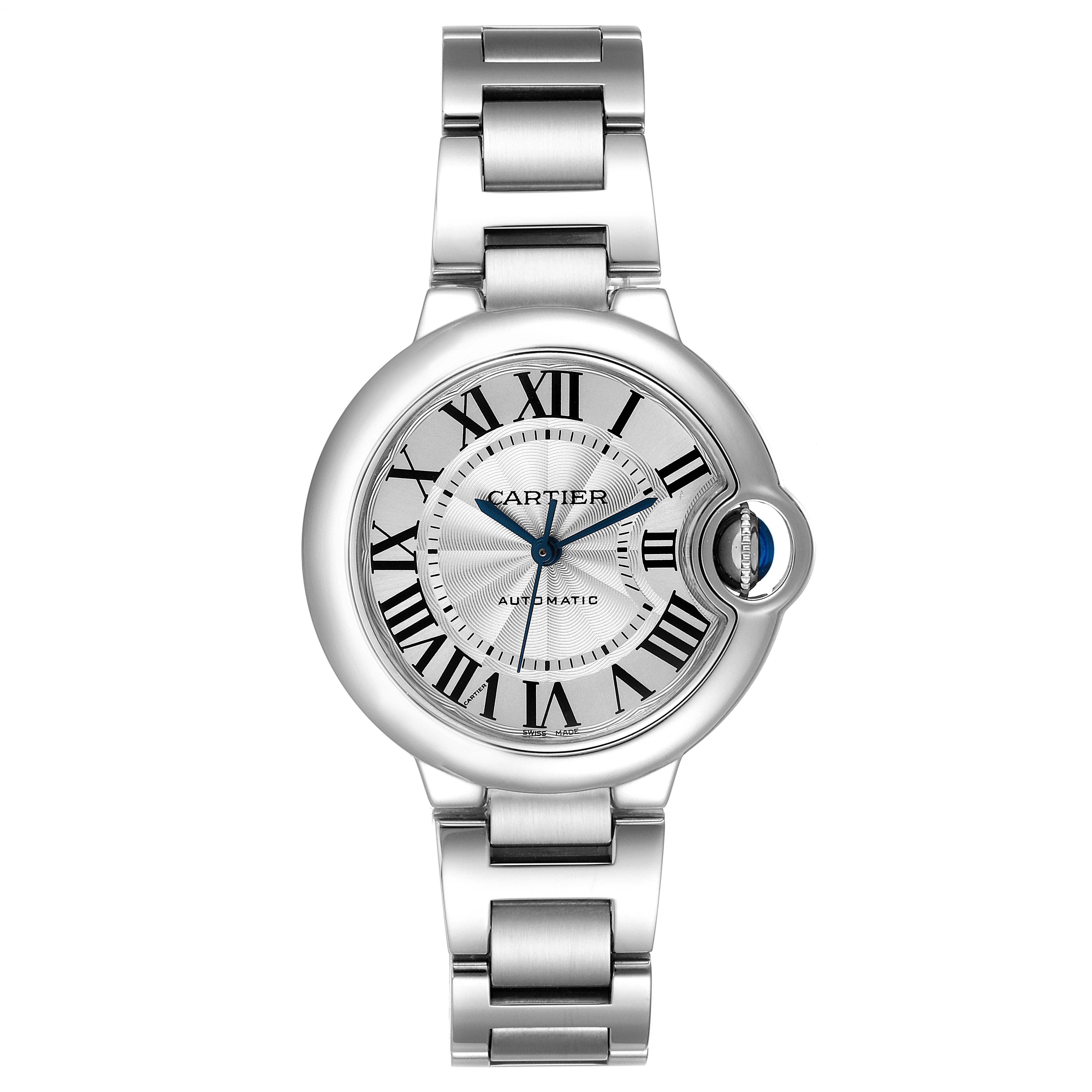 The image shows a top-view angle of a Ballon Bleu model by Cartier, highlighting its silver strap, round case, and Roman numeral dial.