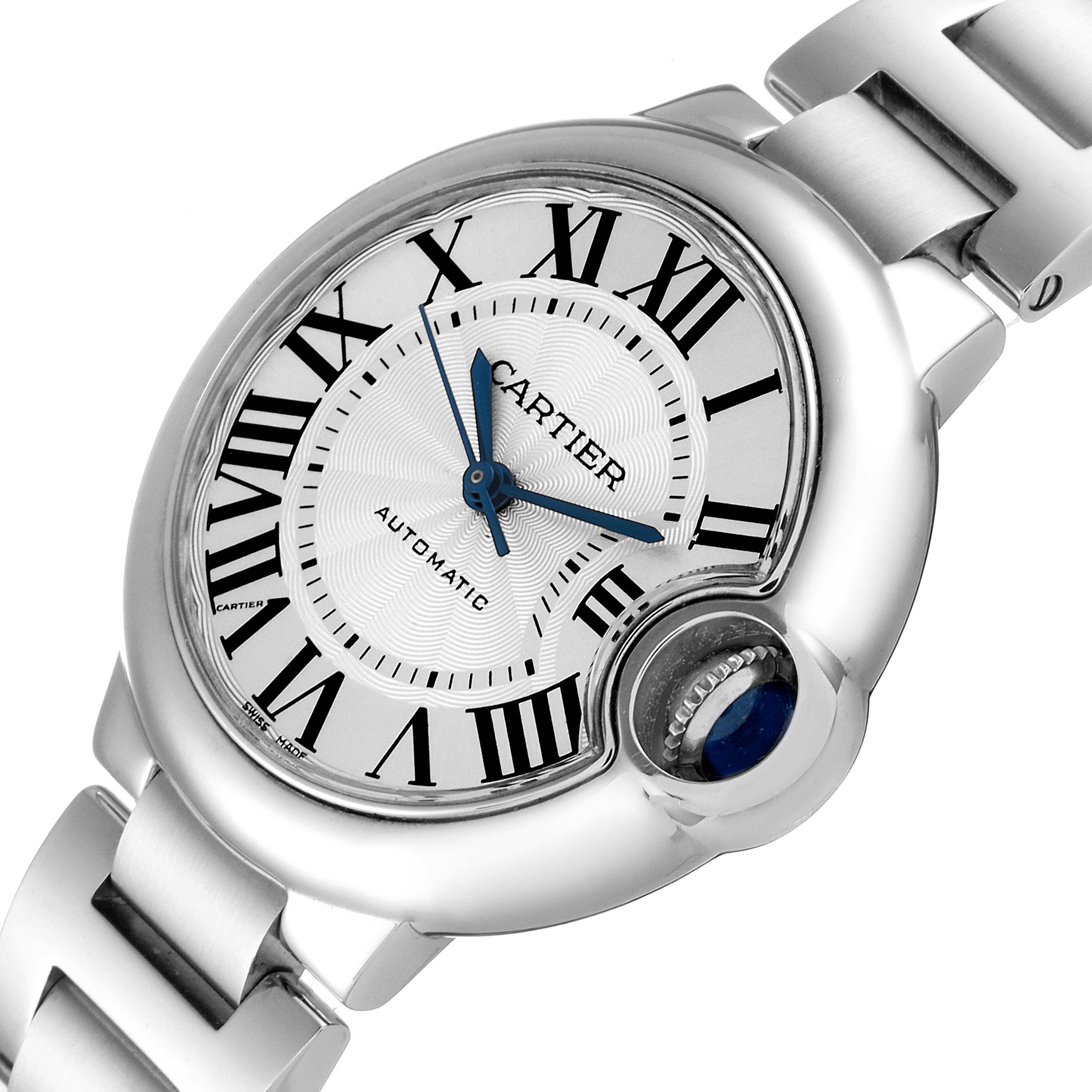The image shows a close-up angled view of the Ballon Bleu de Cartier watch, highlighting the dial and part of the bracelet.