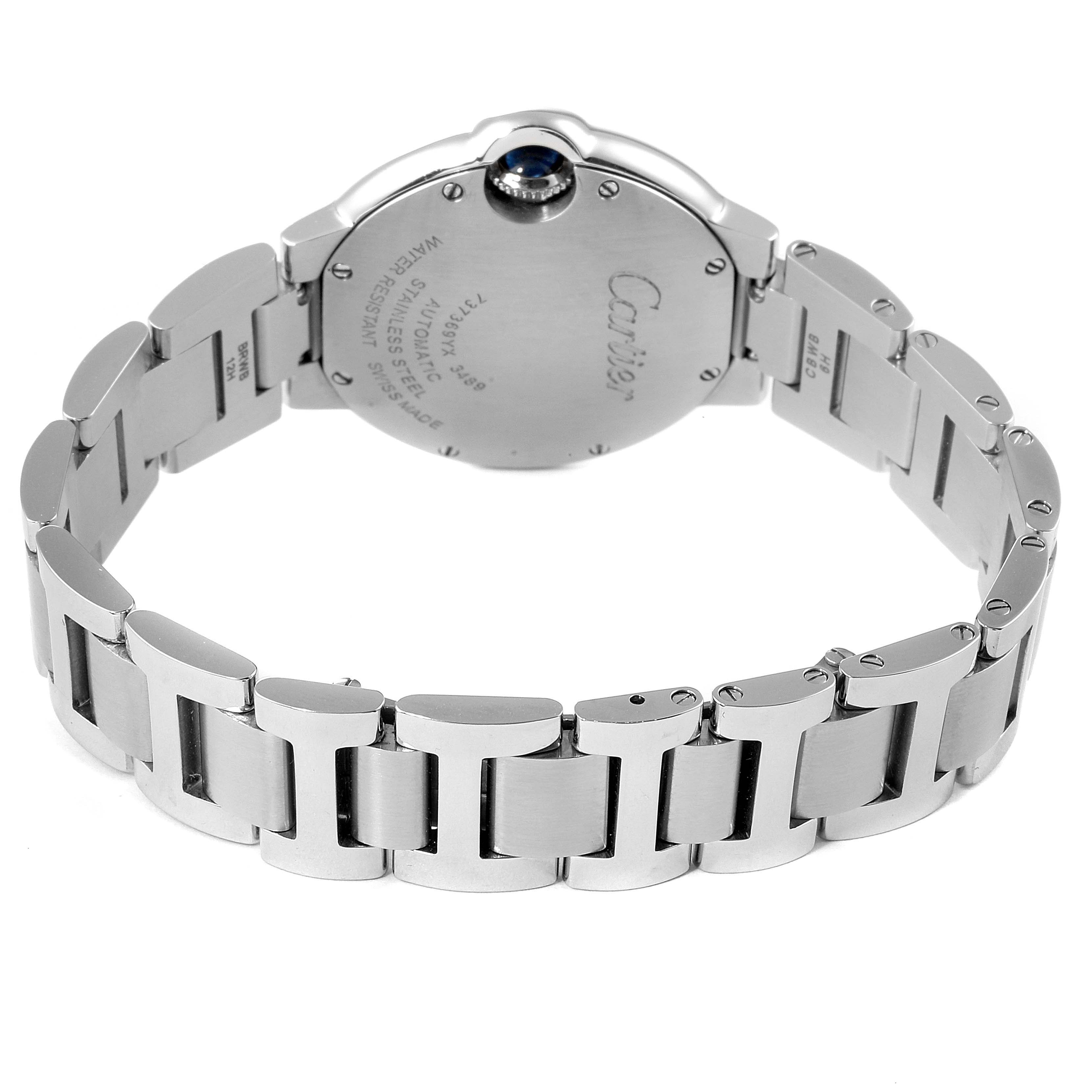 The image shows the back casing and bracelet of a Cartier Ballon Bleu W6920071 Women
s Stainless Steel Silver Dial W6920071 Women
s Stainless Steel Silver Dial watch from a rear angle.