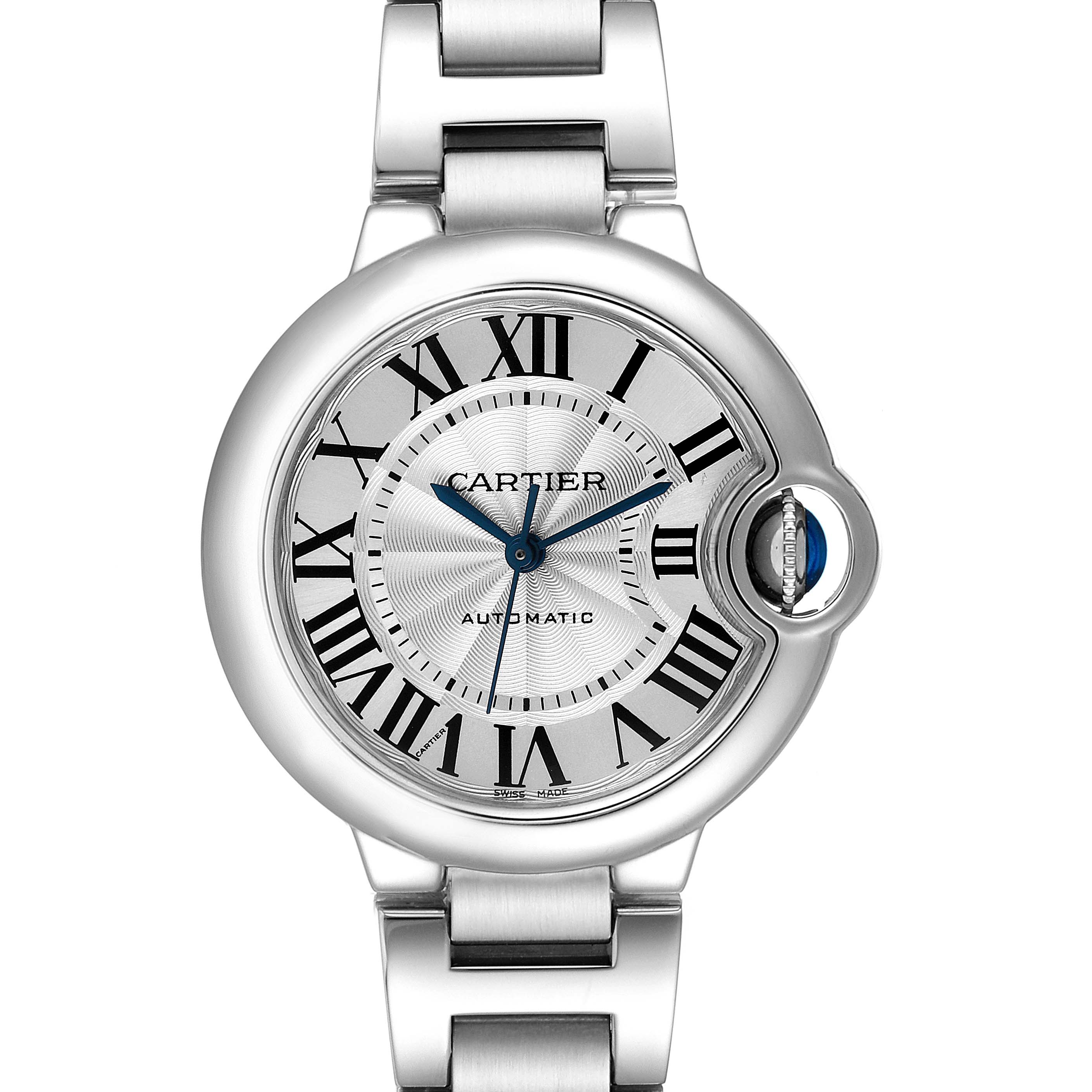 The image shows a close-up of the face and bracelet of a Cartier Ballon Bleu W6920071 Women
s Stainless Steel Silver Dial W6920071 Women
s Stainless Steel Silver Dial watch, highlighting its Roman numerals and silver details.