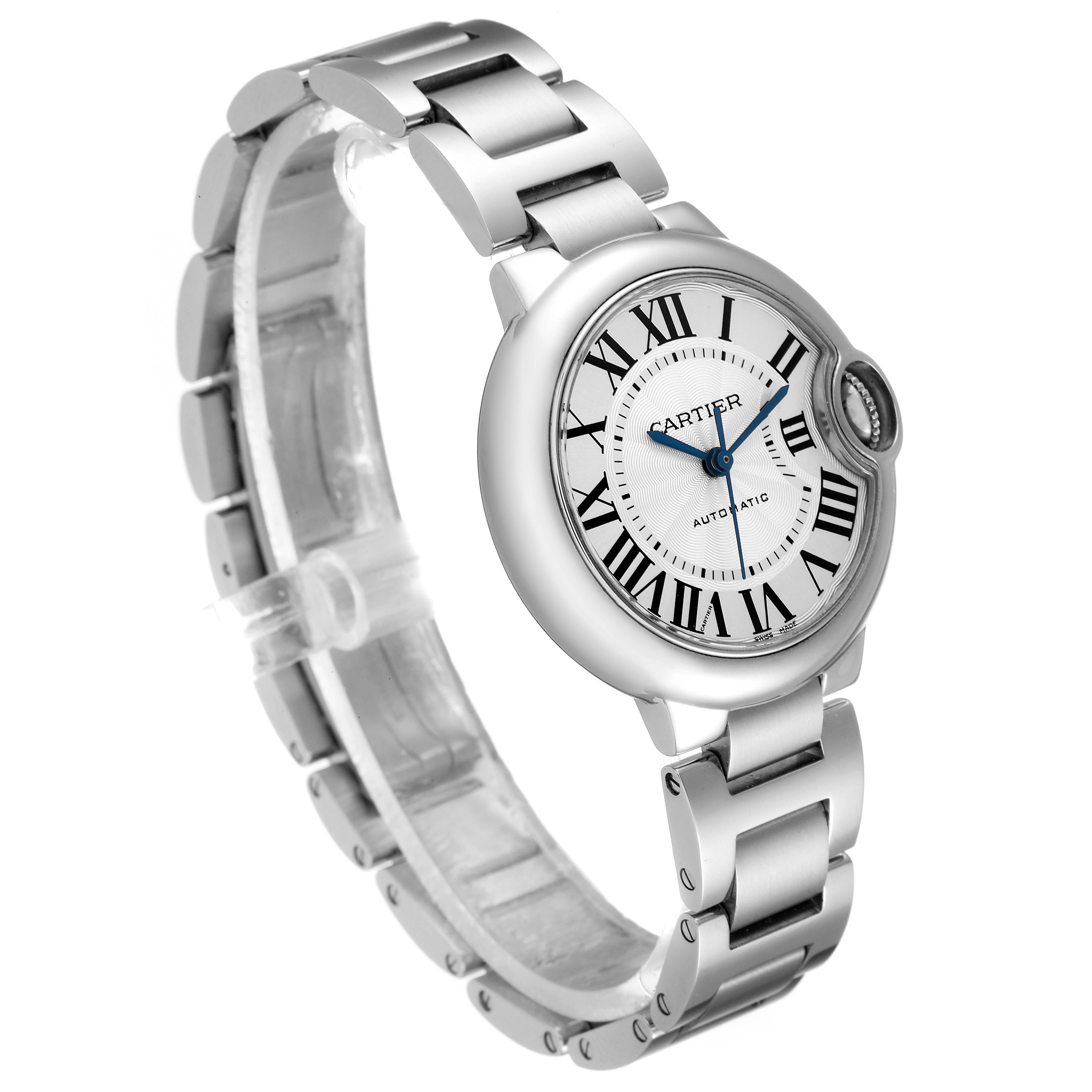 The image shows a side view of the Cartier Ballon Bleu W6920071 Women
s Stainless Steel Silver Dial W6920071 Women
s Stainless Steel Silver Dial watch, highlighting the case, bracelet, and crown.