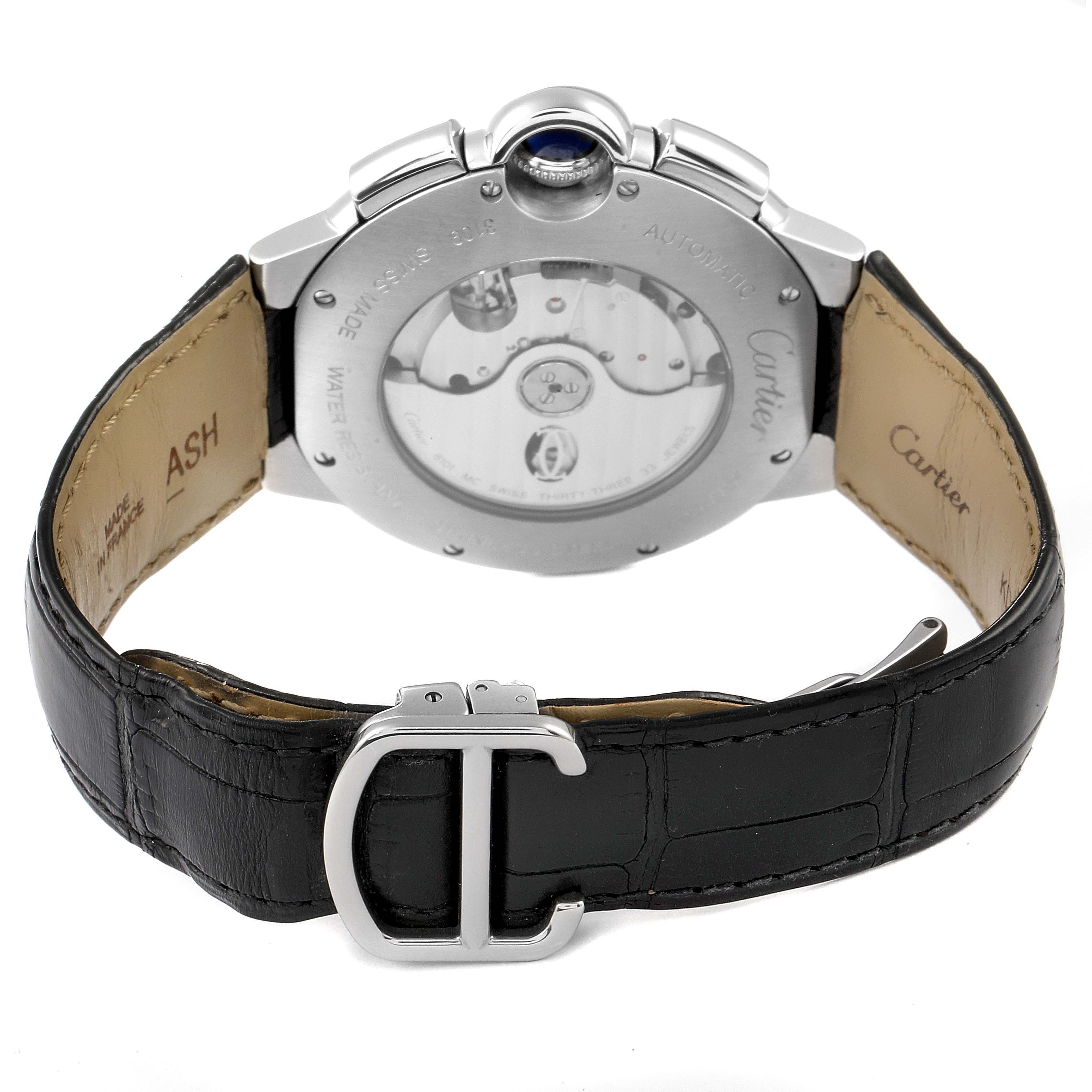 This image shows the back view of a Ballon Bleu by Cartier, highlighting its metallic case back, leather strap, and clasp.