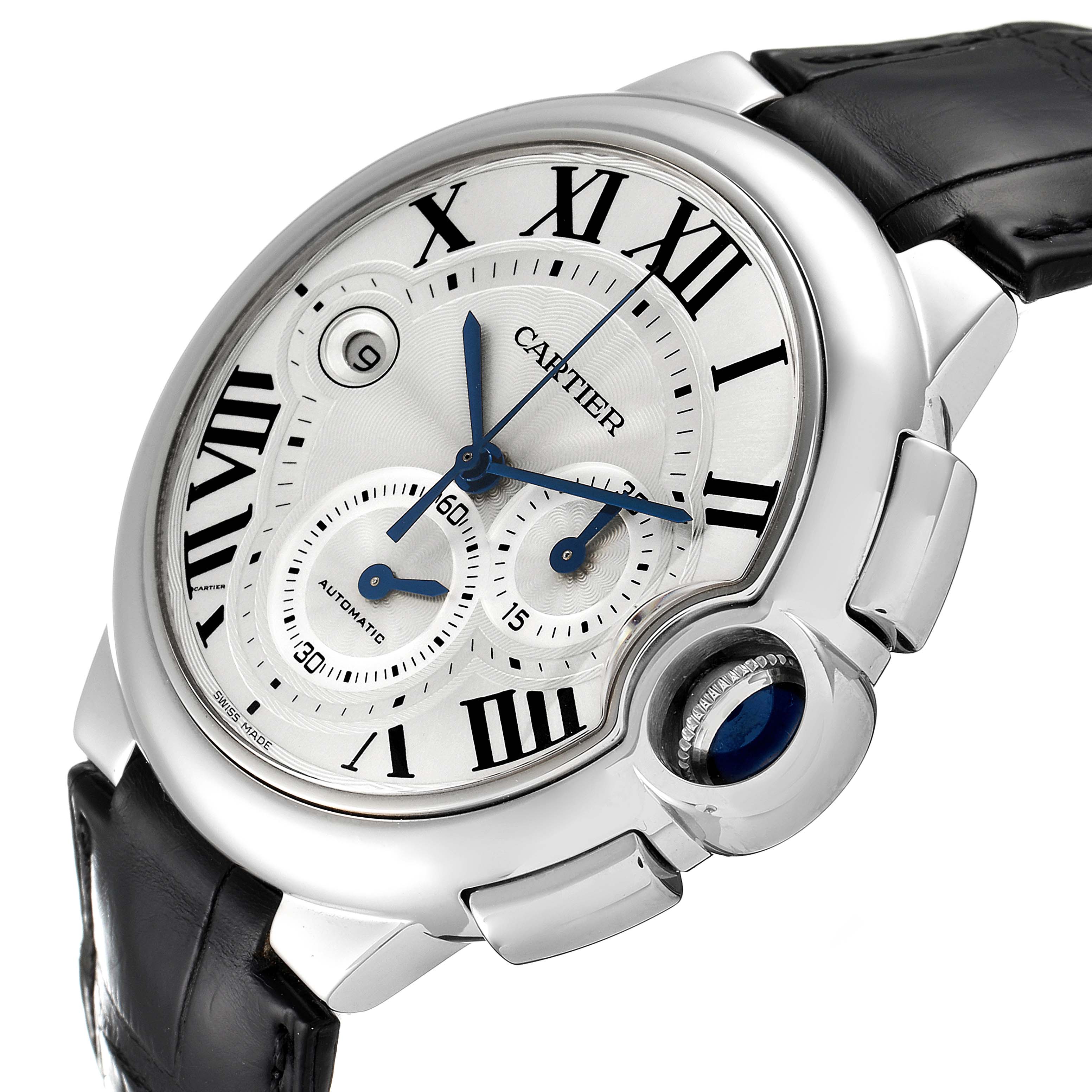 The image shows a Cartier Ballon Bleu W6920003 Men
s Stainless Steel Silver Dial W6920003 Men
s Stainless Steel Silver Dial watch at an angled view, highlighting its dial, Roman numerals, subdials, and leather strap.
