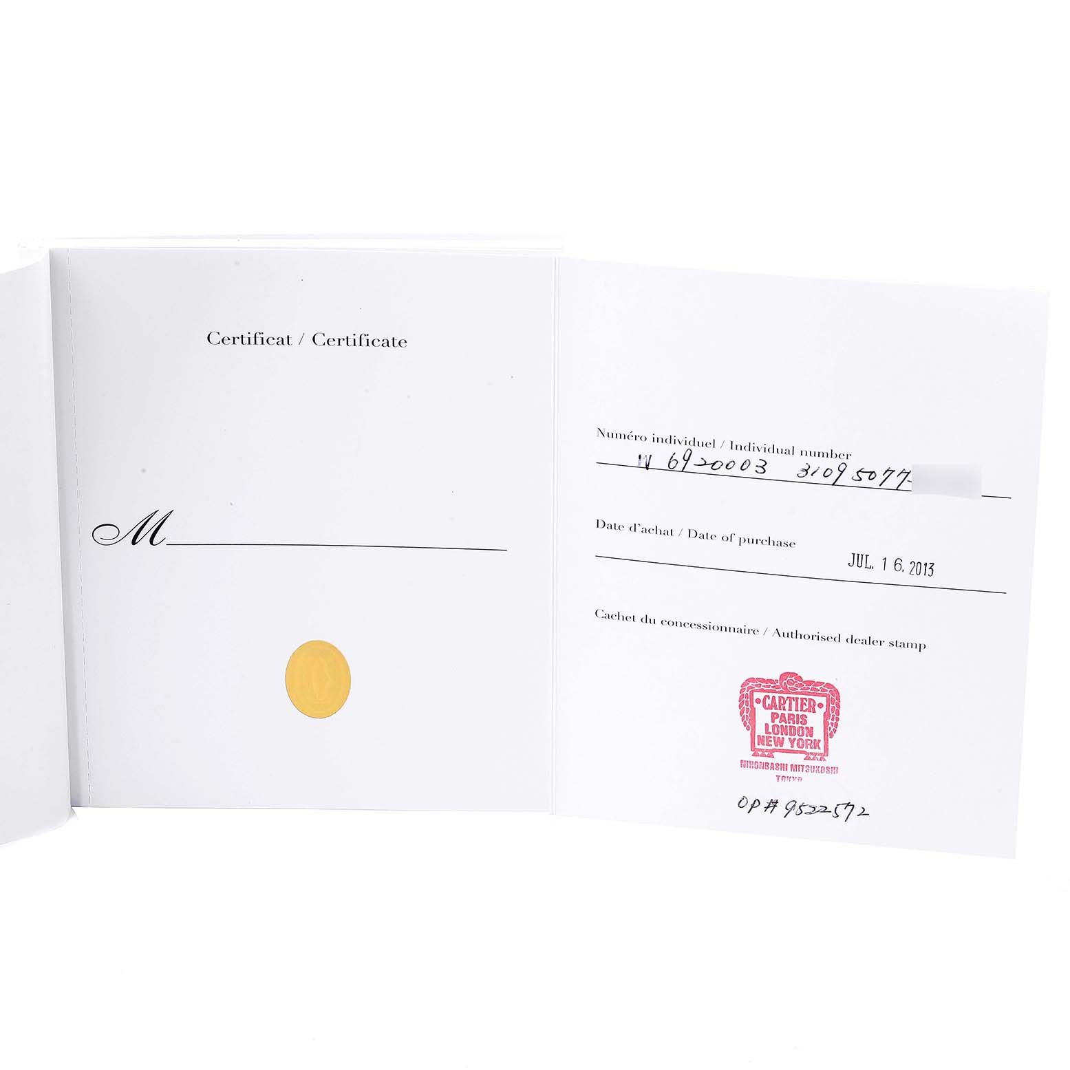 This image shows the certificate and dealer stamp for a Ballon Bleu model by Cartier.