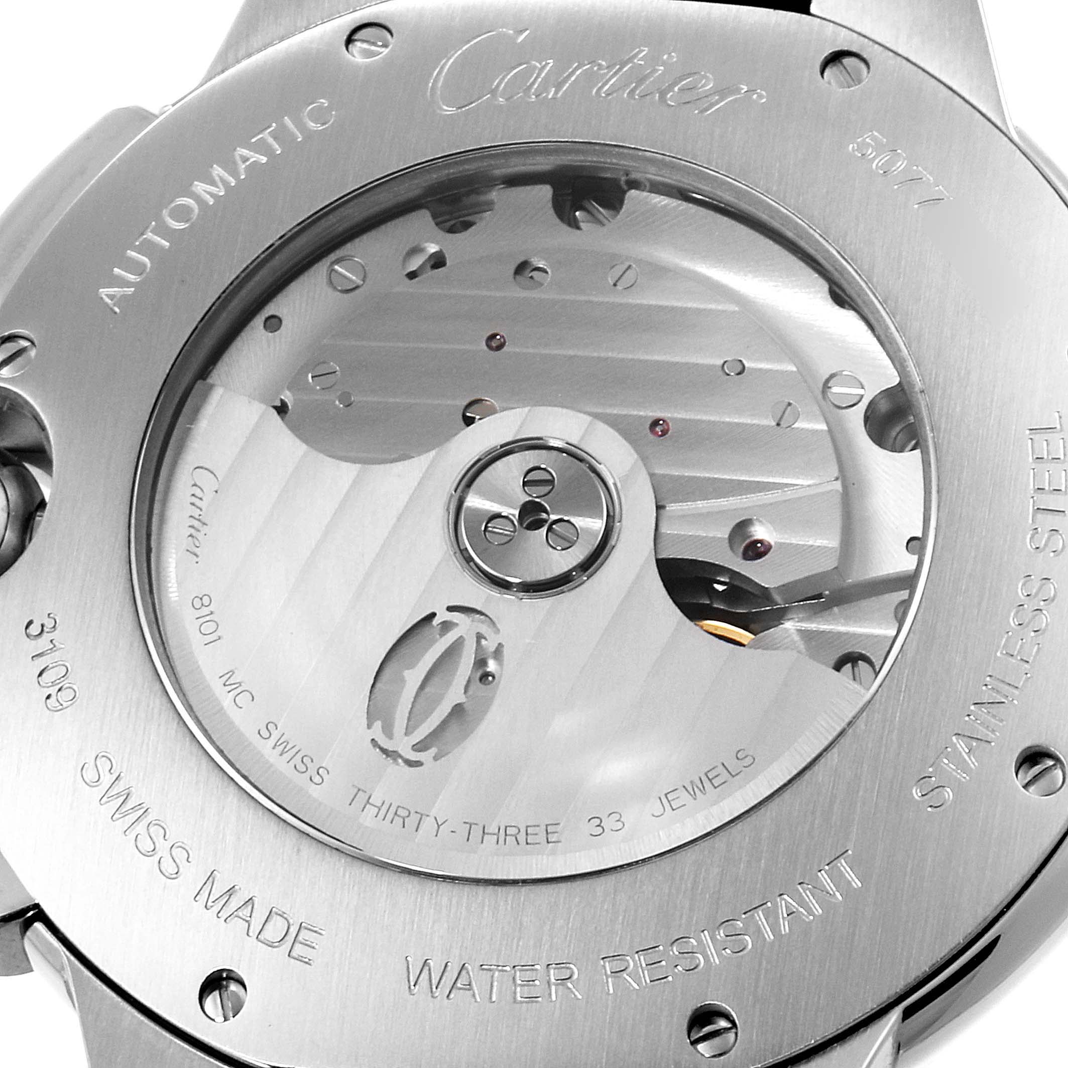 This image shows the back view of the Cartier Ballon Bleu W6920003 Men
s Stainless Steel Silver Dial W6920003 Men
s Stainless Steel Silver Dial watch, highlighting the automatic movement mechanism and engravings.