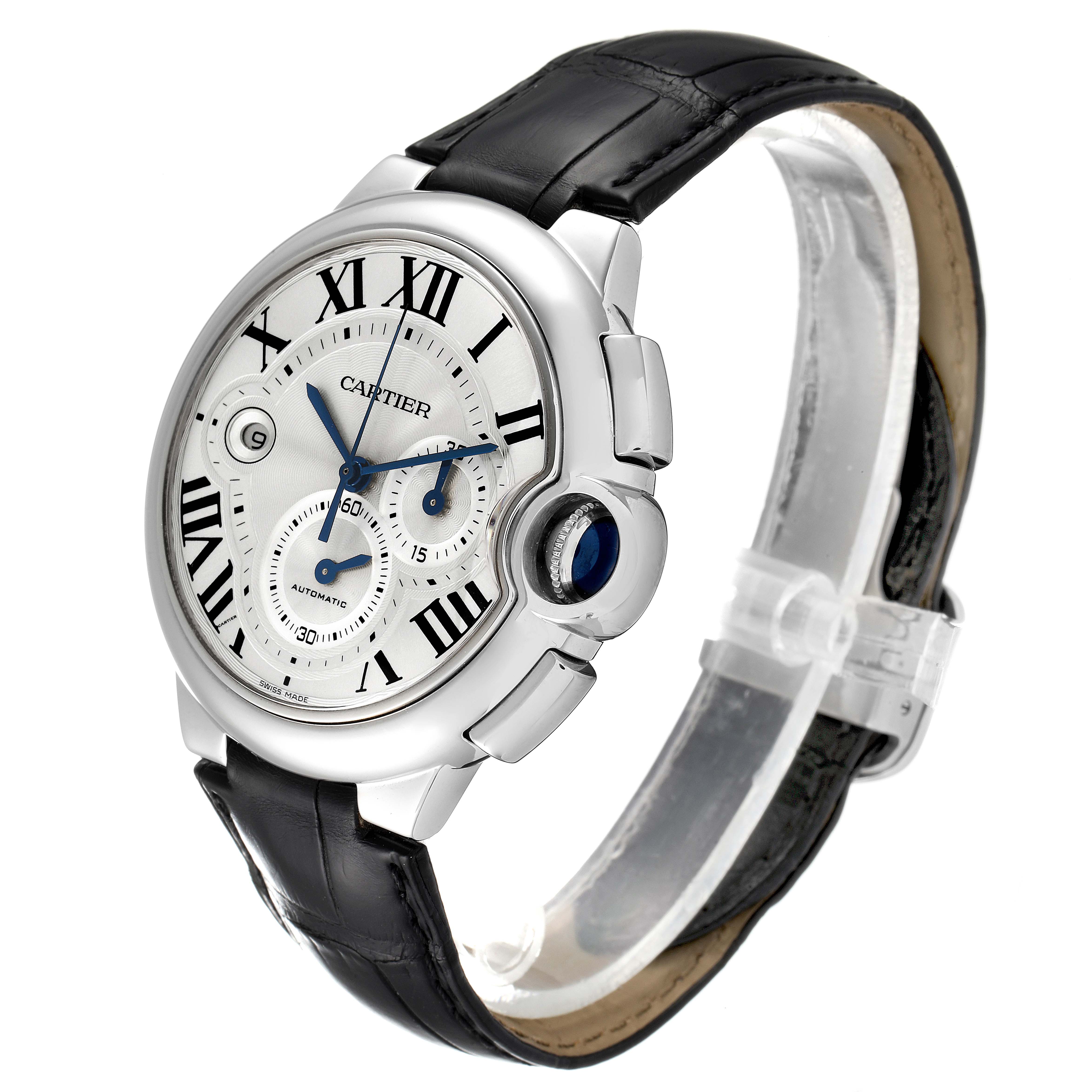 The image displays a Cartier Ballon Bleu W6920003 Men
s Stainless Steel Silver Dial W6920003 Men
s Stainless Steel Silver Dial watch angled to show the face, black leather strap, and crown.