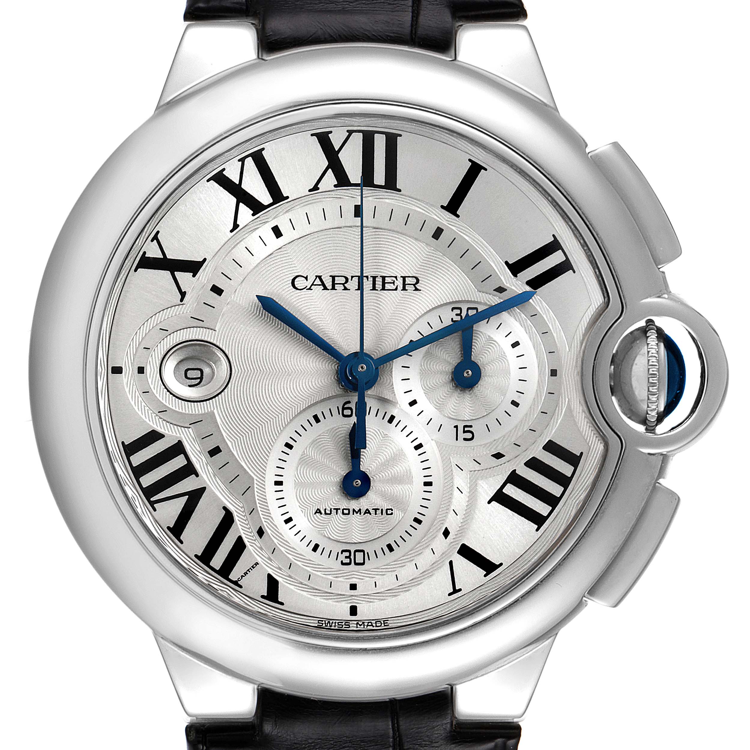 The image shows a close-up frontal view of a Cartier Ballon Bleu W6920003 Men
s Stainless Steel Silver Dial W6920003 Men
s Stainless Steel Silver Dial watch, highlighting the dial, hands, and crown.