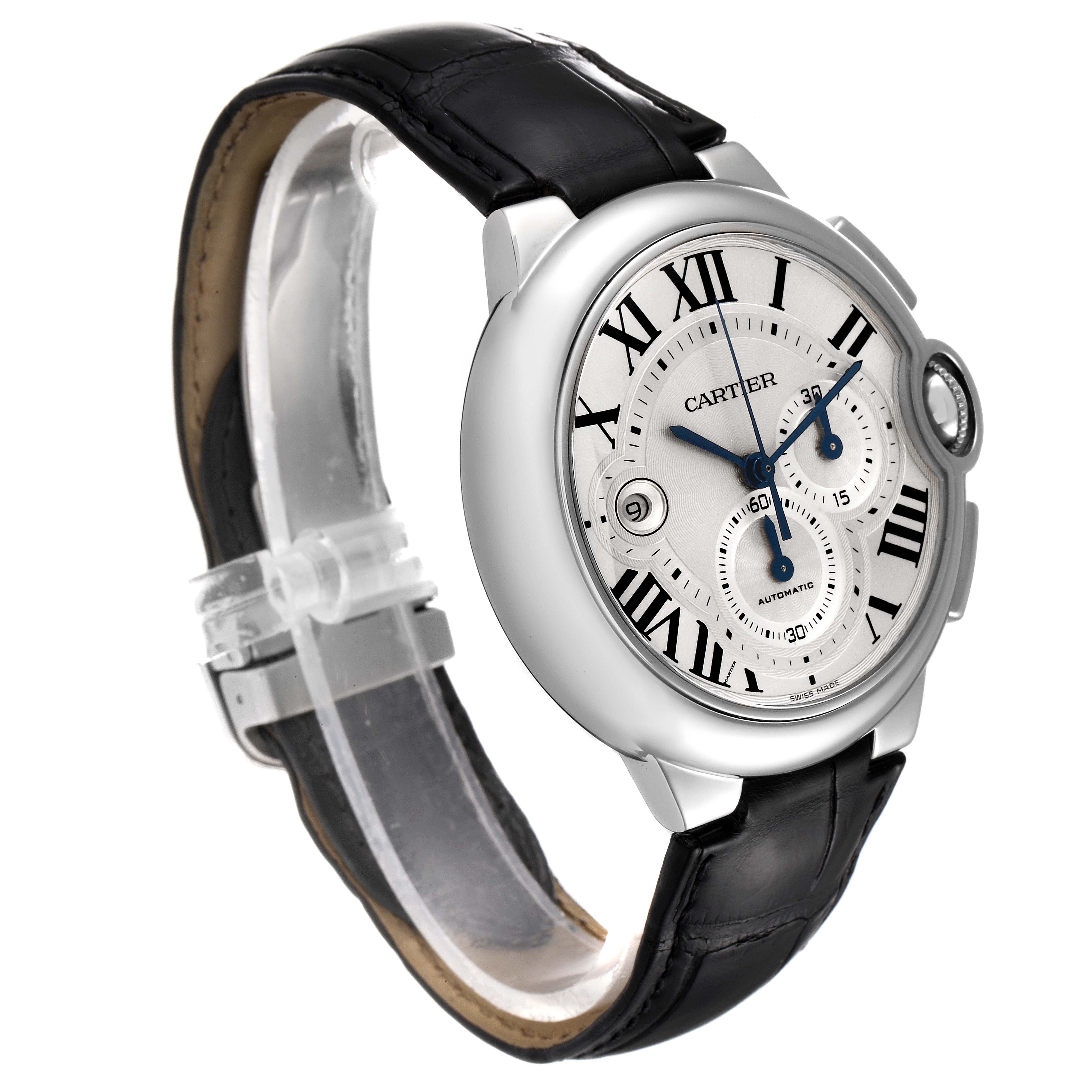 The image shows a side angle view of the Cartier Ballon Bleu W6920003 Men
s Stainless Steel Silver Dial W6920003 Men
s Stainless Steel Silver Dial watch, highlighting its face, case, and leather strap.