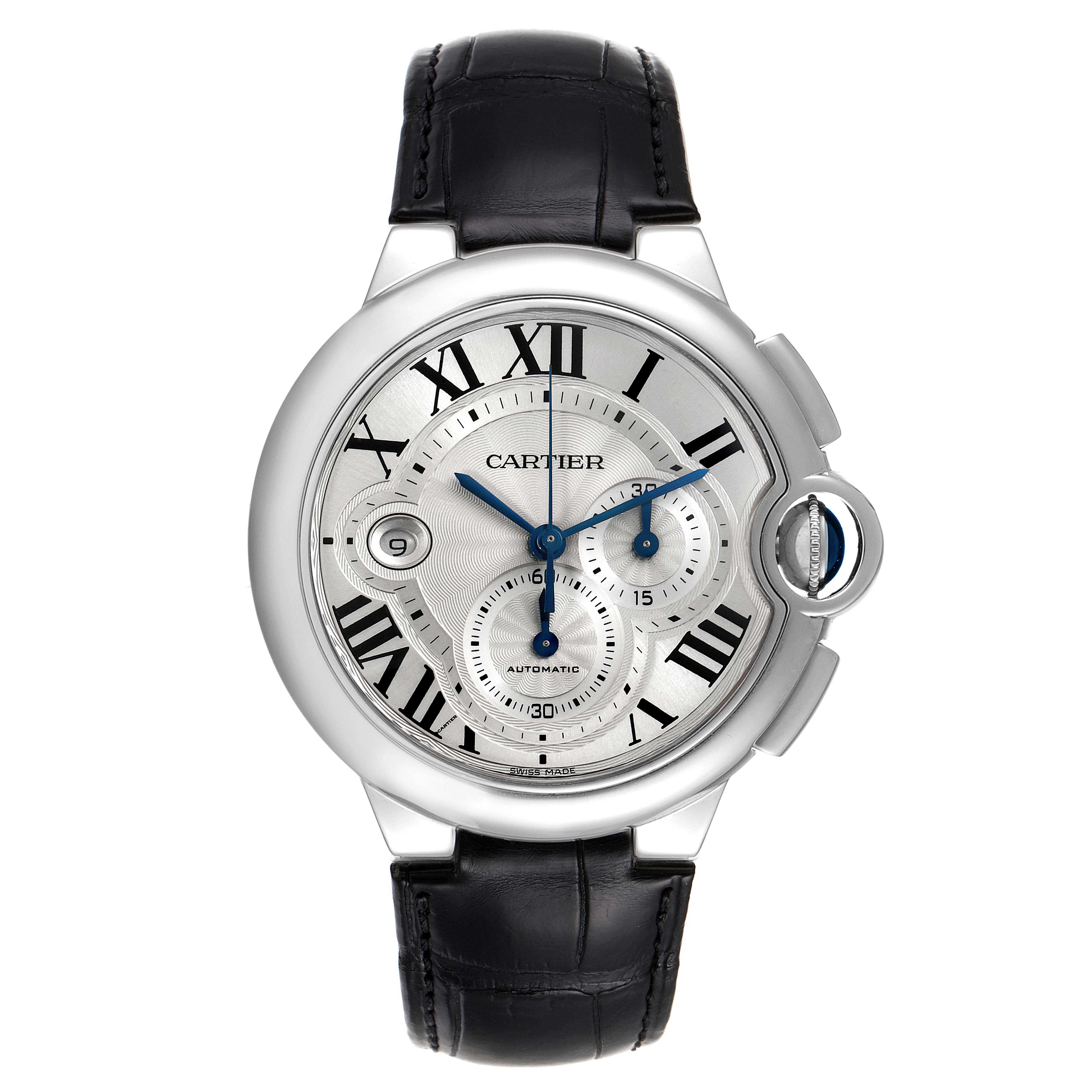 The image shows a front view of the Ballon Bleu watch by Cartier, featuring Roman numerals, a black leather strap, and multiple subdials.