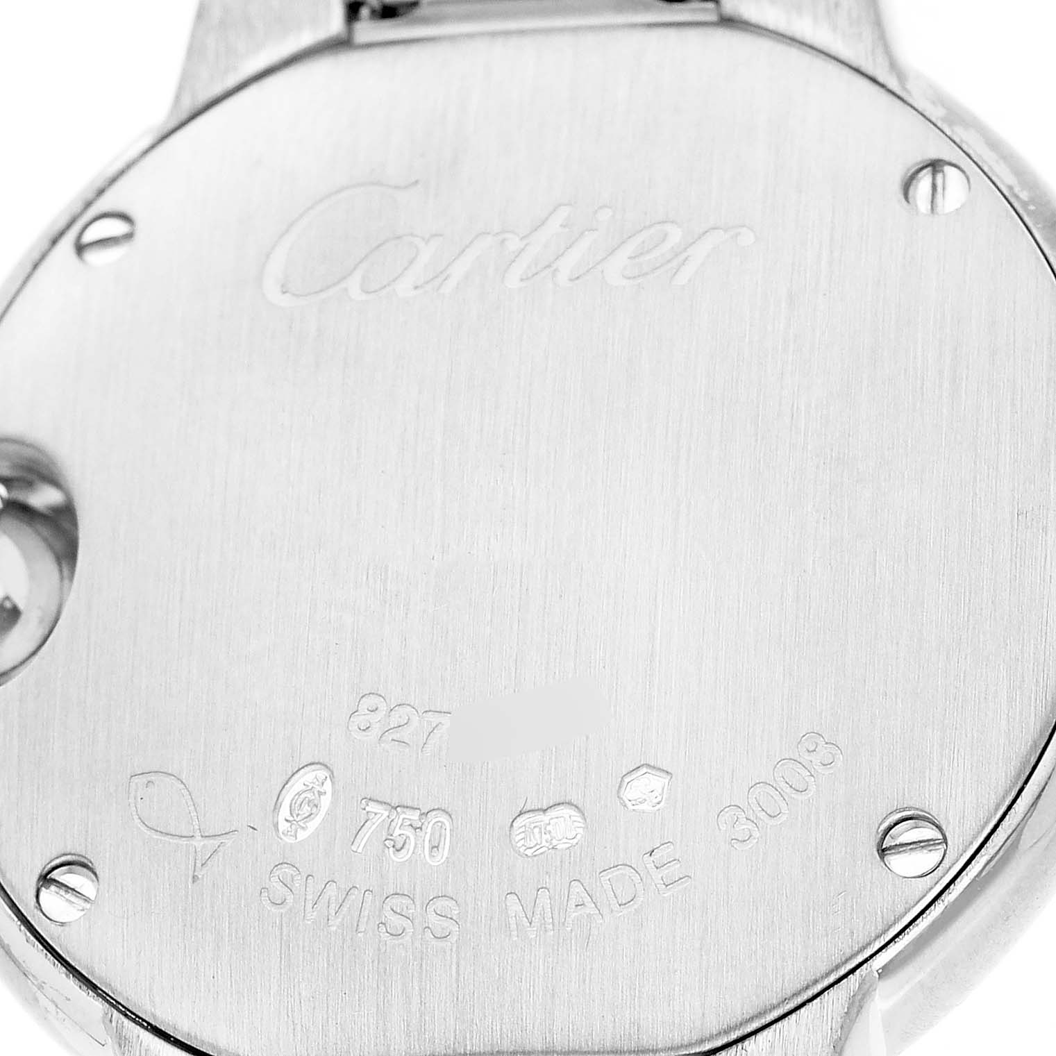 The image shows the engraved back of a Cartier Ballon Bleu WE9003Z3 Women
s White Gold Silver Dial WE9003Z3 Women
s White Gold Silver Dial watch, displaying the branding and hallmarks.