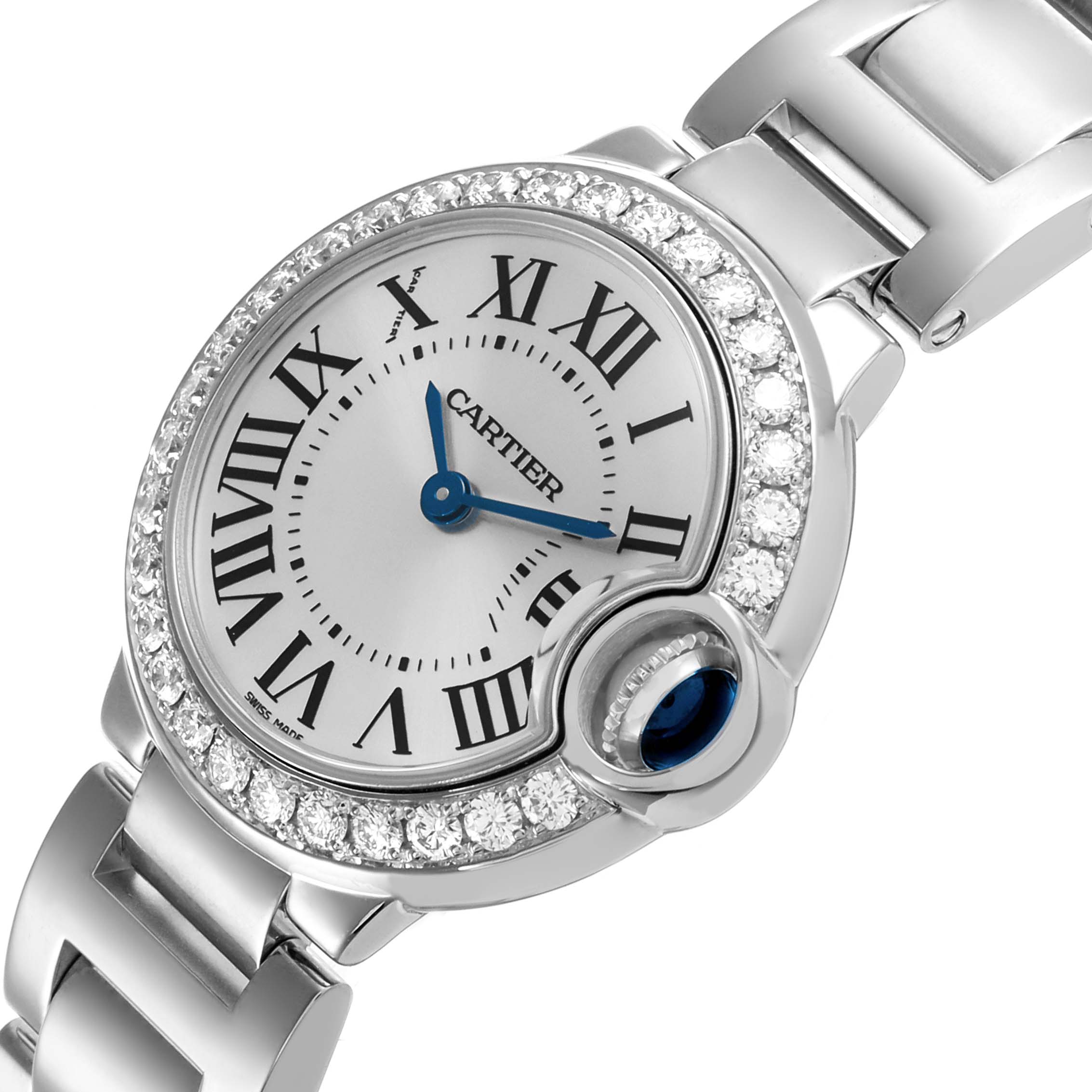 The Ballon Bleu by Cartier is shown at an angled view displaying the watch face, bezel with diamonds, and part of the bracelet.