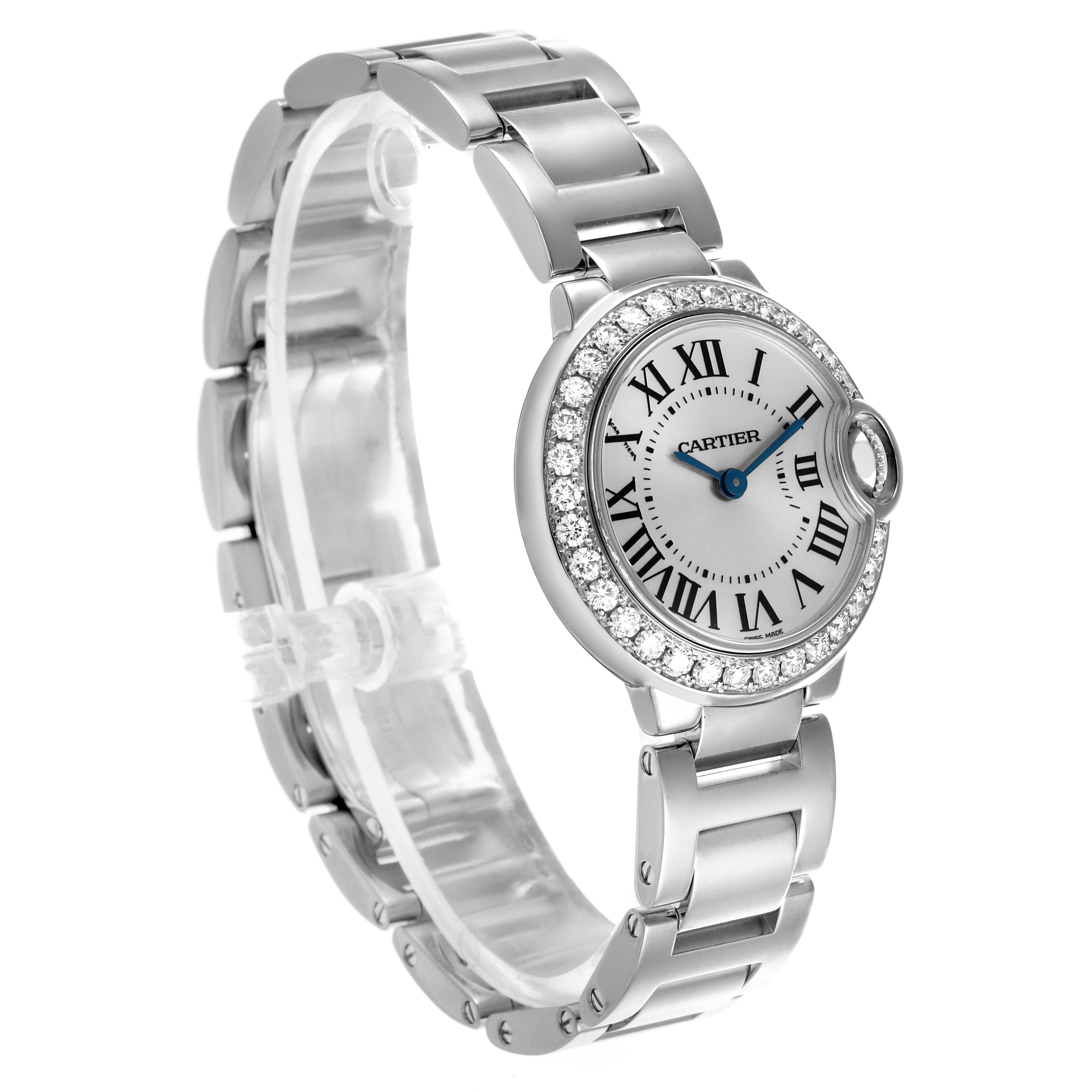 The Cartier Ballon Bleu WE9003Z3 Women
s White Gold Silver Dial WE9003Z3 Women
s White Gold Silver Dial watch is shown at a three-quarter angle, displaying the face, bracelet, and diamond-studded bezel.